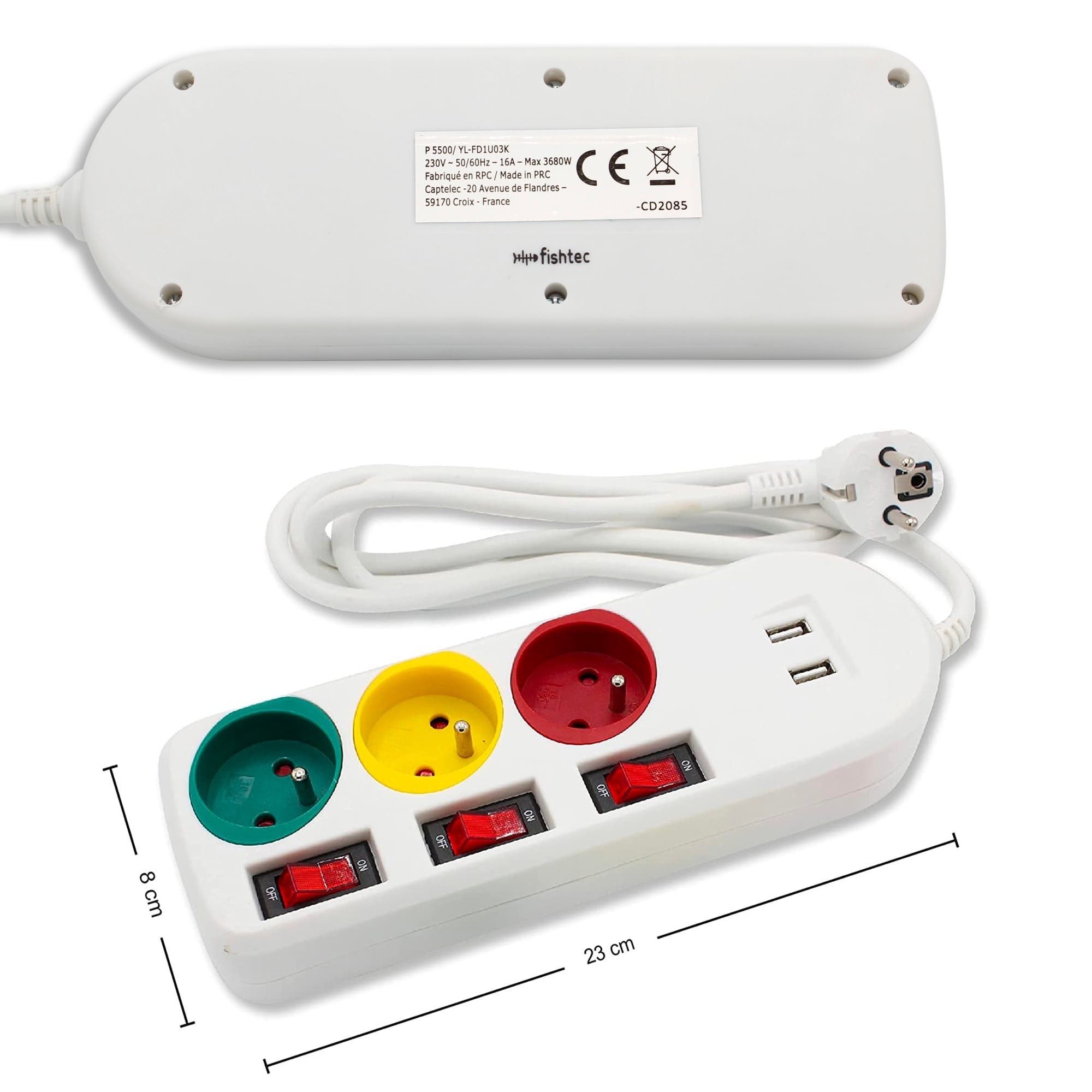 FISHTEC - Multiprise Trio Color - 3 prises avec interrupteurs individuels + 2 ports USB - 1,8 m - 3680W - ABS robuste - Maison ou bureau - 9