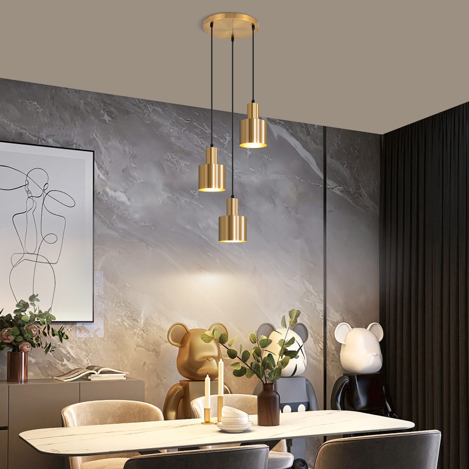 ZMH Lampada a sospensione sala da pranzo 3 fiamme oro E27 lampada a sospensione metallo camera da letto corridoio - 6
