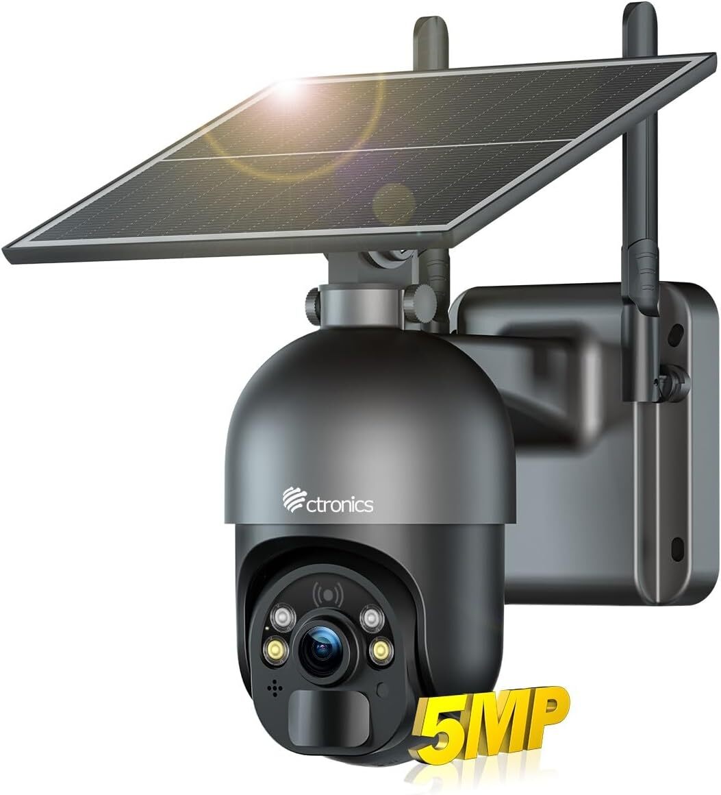 Bezprzewodowa kamera nadzoru Ctronics 5MP na zewnątrz, panel solarny 6W, alarm dźwiękowy i świetlny, zdalne sterowanie przez PC/telefon, FTP