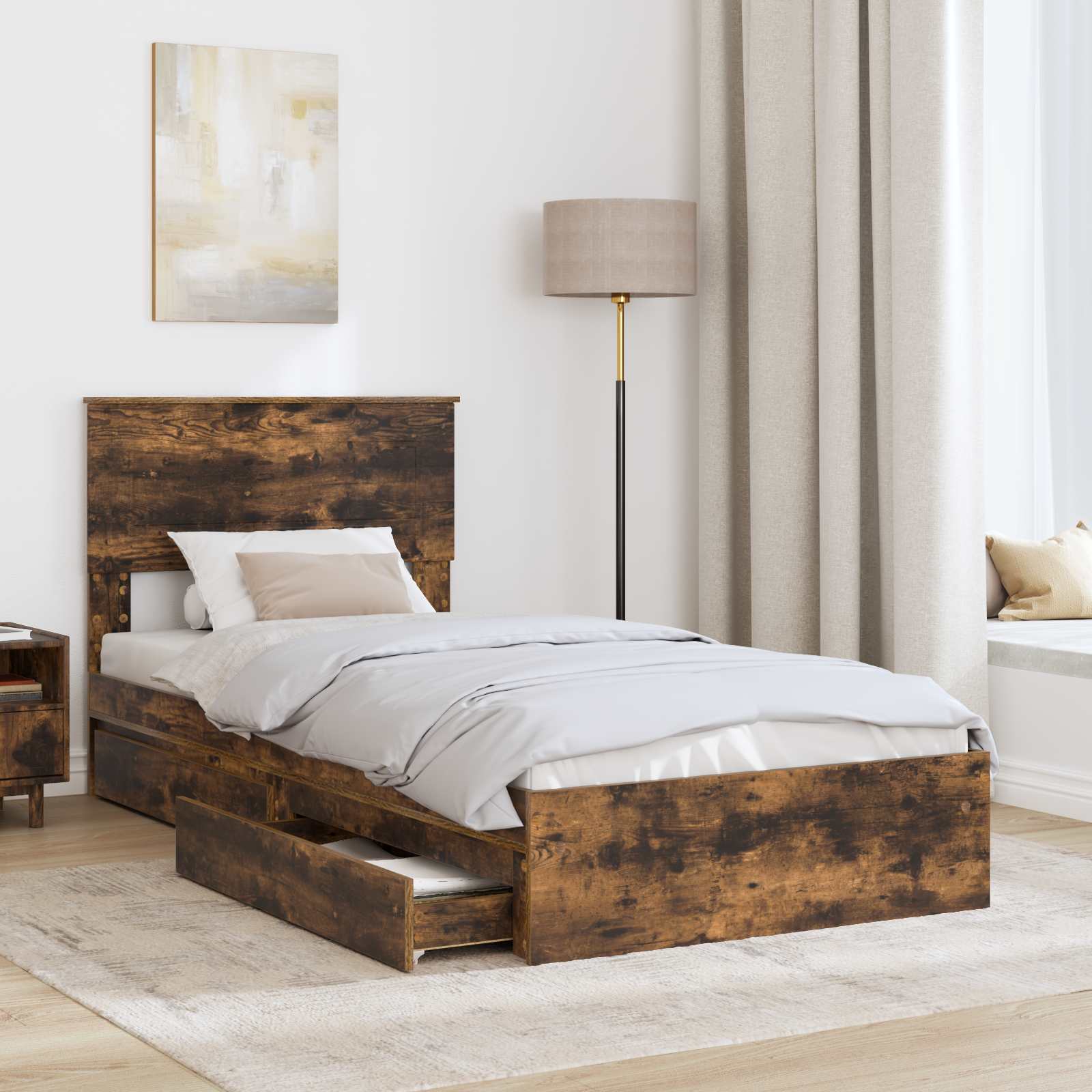 Lit de rangement chêne fumé 75 x 190 cm en panneau de bois - 3