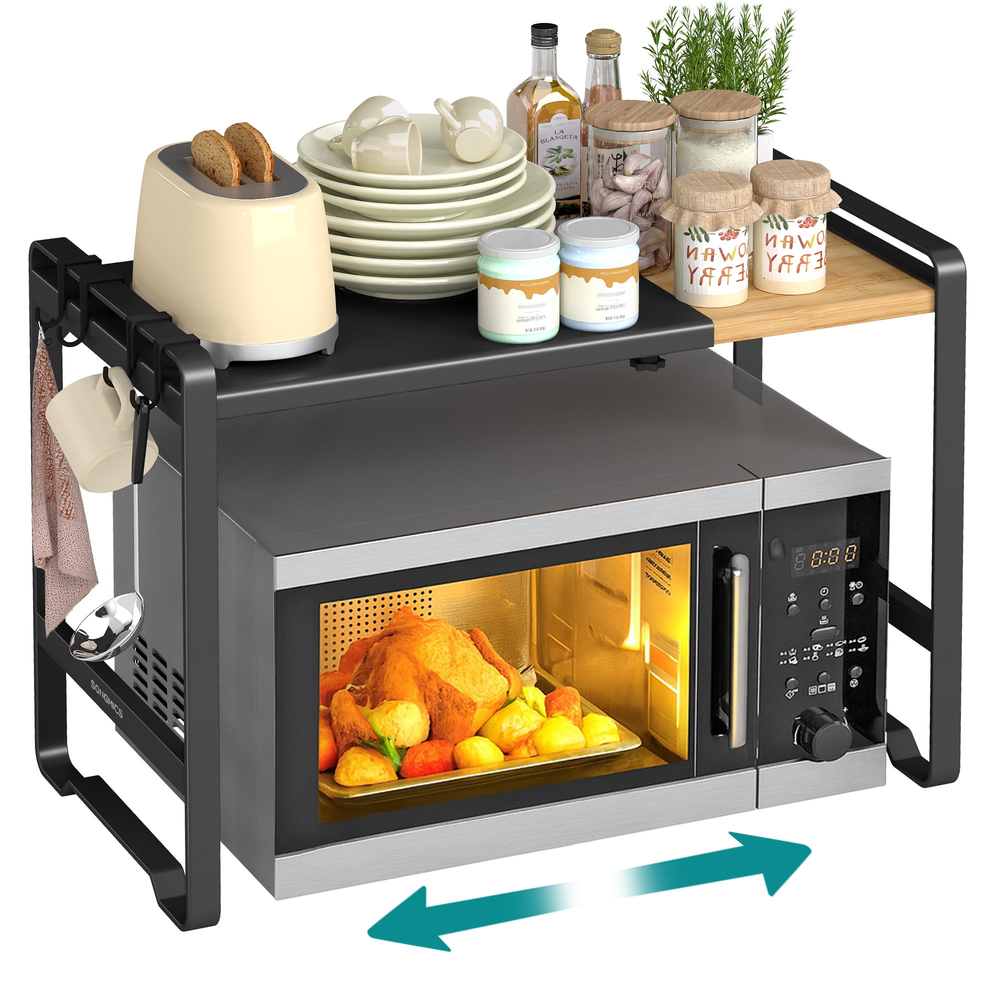 Étagère pour Micro-ondes, Extensible, Support pour Mini Four, Largeur Réglable de 41,5 à 64 cm, Acier et Bambou, 4 Crochets, Noir et Bambou - 3