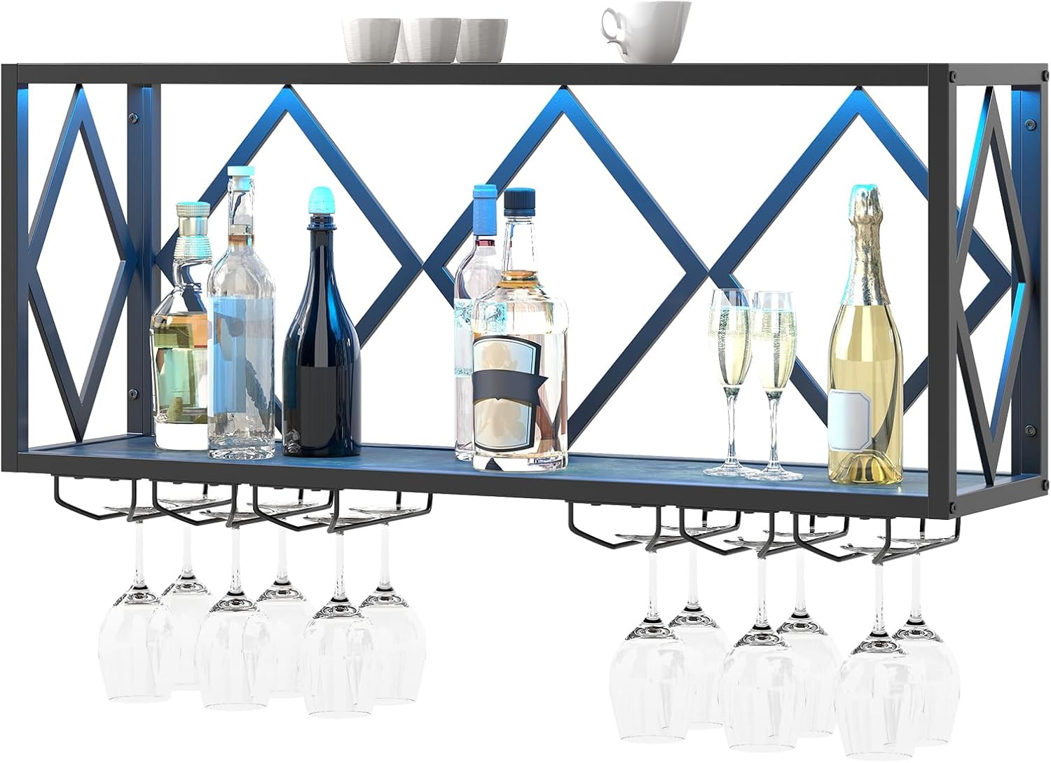 Stojak na Butelki z Oświetleniem LED, Regał do Wina w 16 Kolorach, 6 Uchwytów na Kieliszki, Pojemność 39 Butelek i 12 Kieliszków, Bar