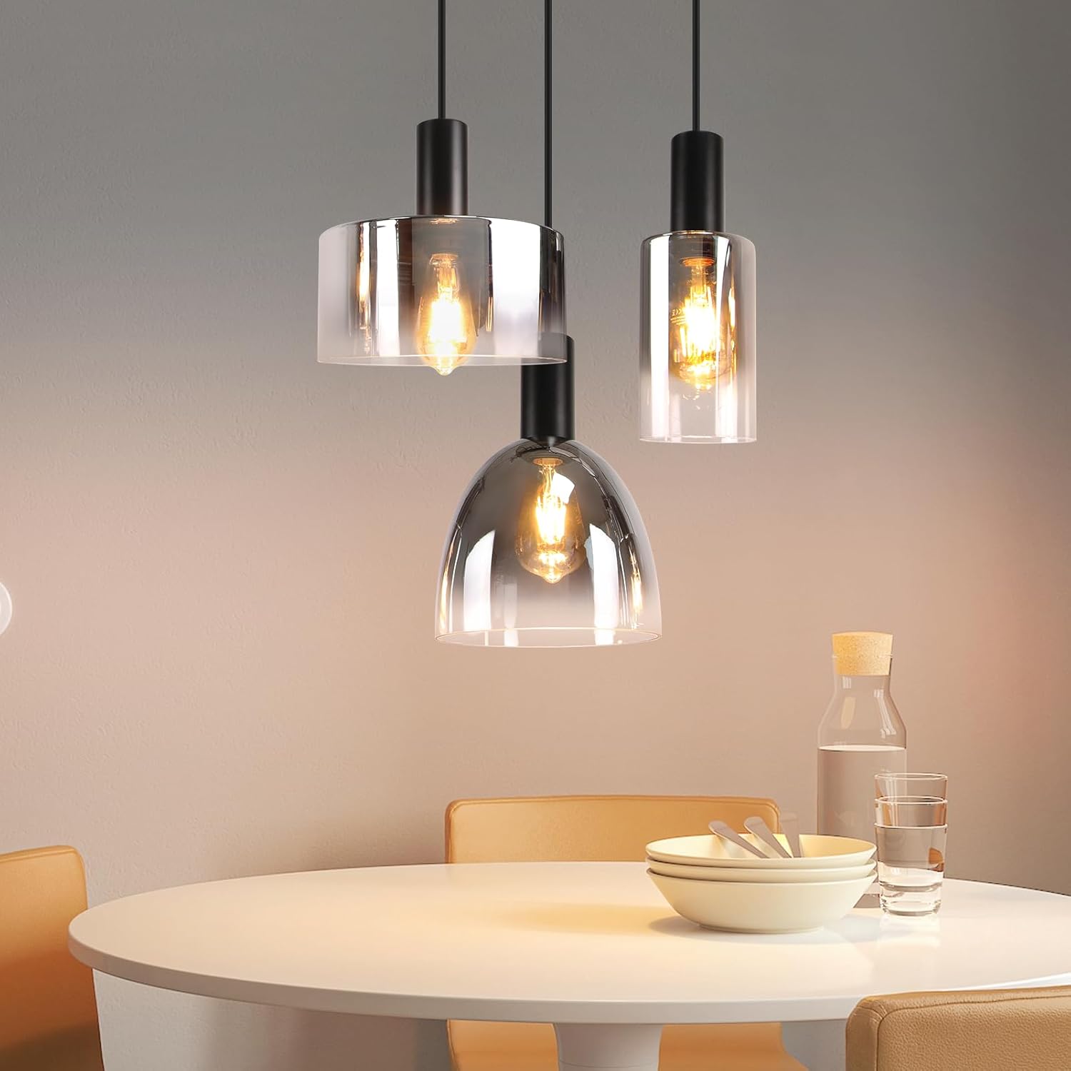 ZMH Suspension Lustre salle à manger 3 flammes E27 gris fumée 180CM ...