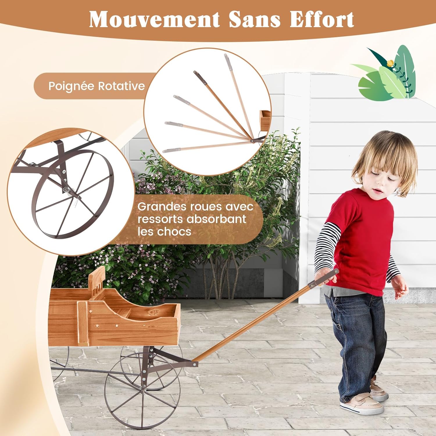 Brouette Décorative en Bois avec 2 Compartiments à Planter, Jardinière avec Roues Métalliques et Poignée à l'avant Charge 15kg (Orange) - 6