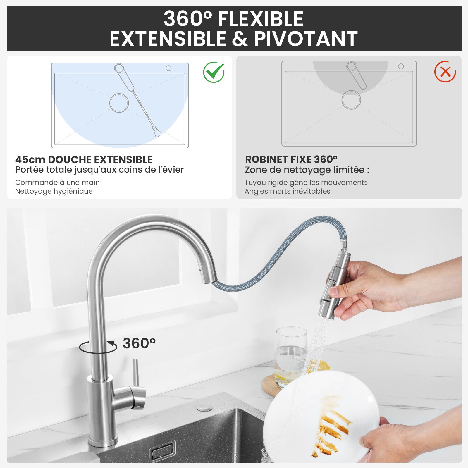 Mitigeur de Cuisine avec Douchette Extractible Robinet de Cuisine avec 2 Types de Jet D'eau Robinet d'évier en Inox Brossé - 3