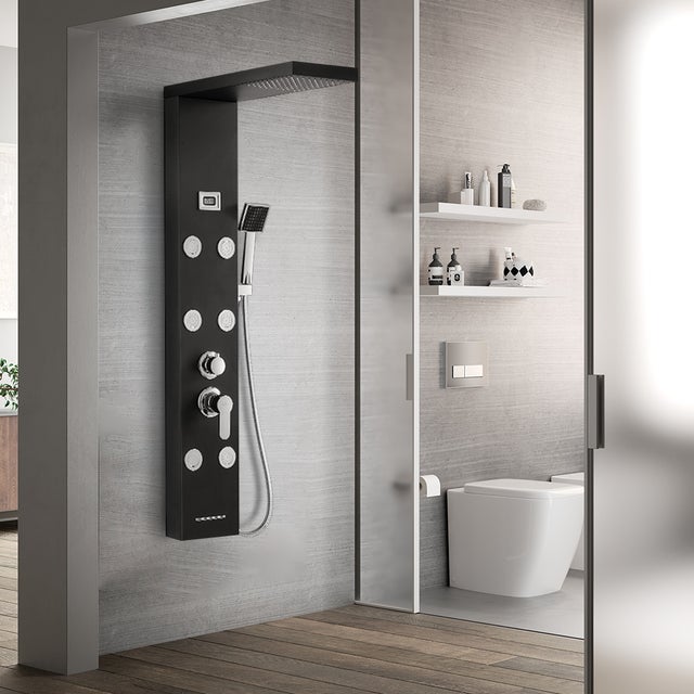 Panneau Colonne de Douche Hydromassante Noir Panneau Douche Kit en Acier Inox avec 6 Grandes Buses Massants Ensemble Douche avec Écran LCD-EU Modèle