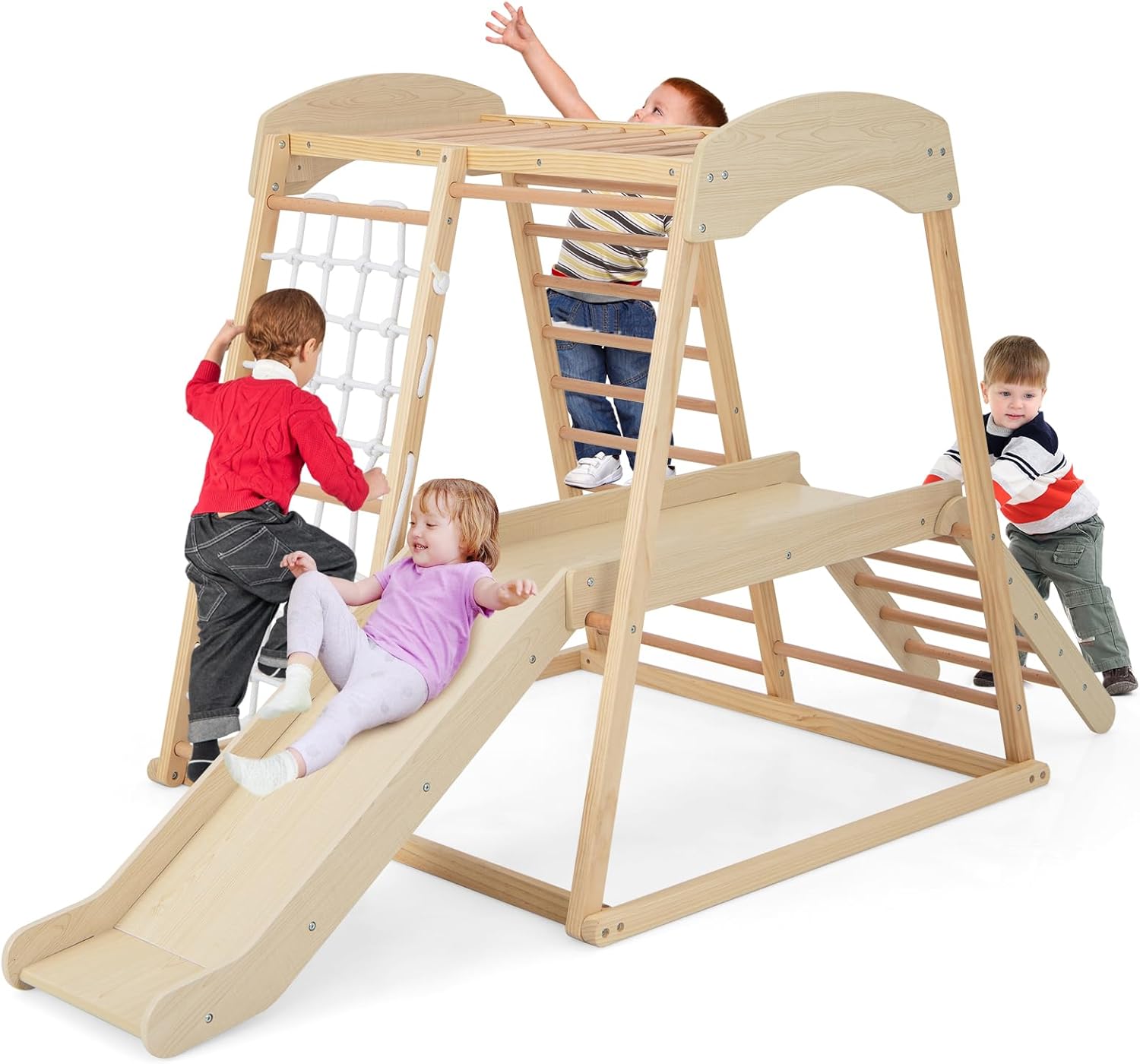 6w1 Drewniany Zestaw Wspinaczkowy do Wnętrz: Huśtawka, Zjeżdżalnia, Lina, Drabinki (Montessori, z Kotwicami), dla Dzieci >1 Roku Życia.