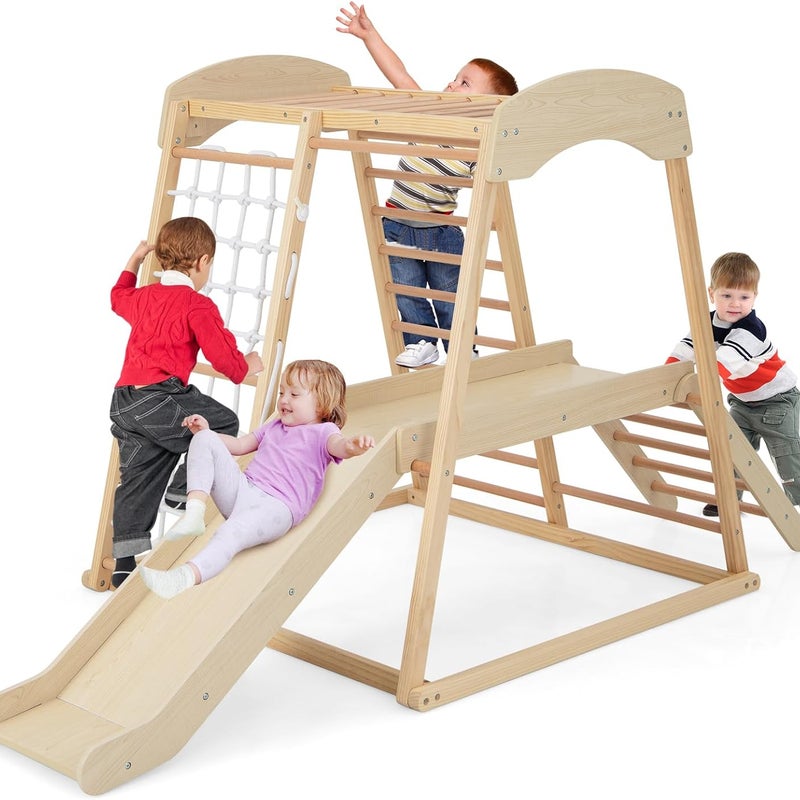 6w1 Drewniany Zestaw Wspinaczkowy do Wnętrz: Huśtawka, Zjeżdżalnia, Lina, Drabinki (Montessori, z Kotwicami), dla Dzieci >1 Roku Życia.