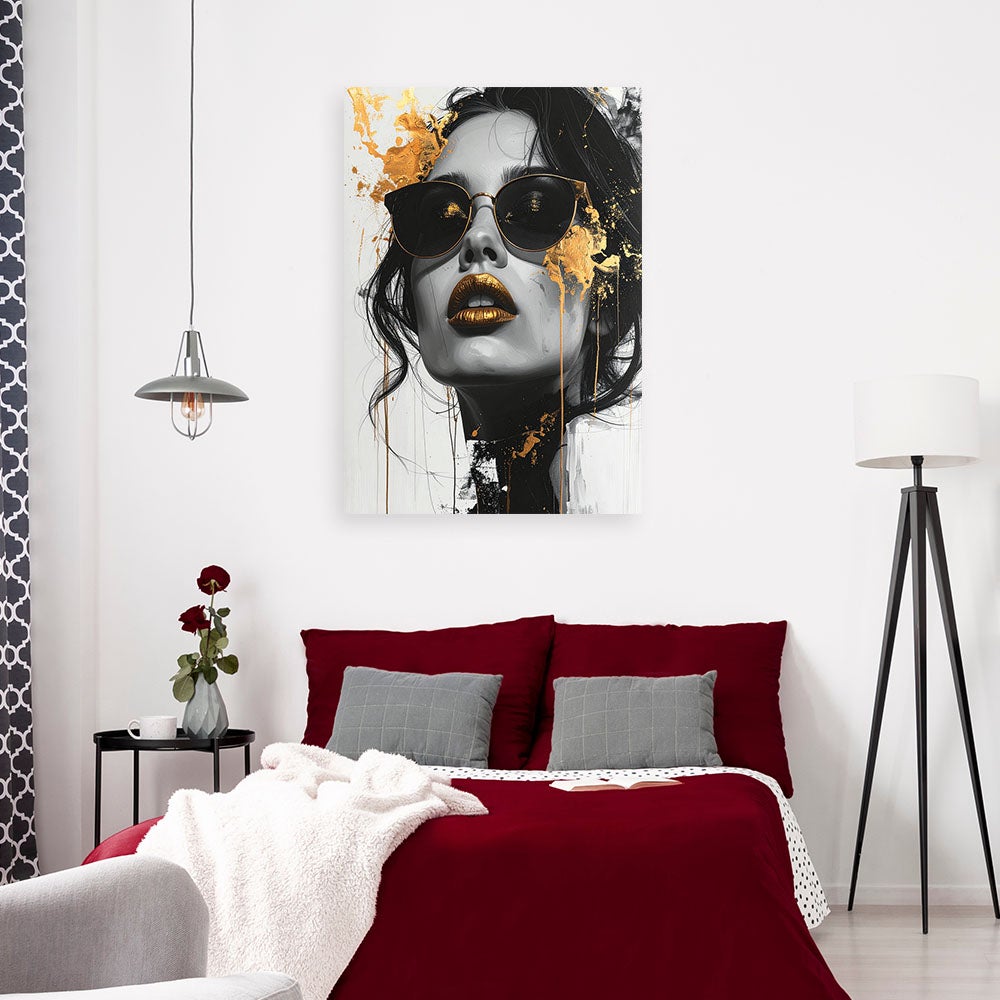 Obraz na płótnie do salonu sypialni, Kobieta Glamour Złoto Nowoczesny Portret Czarno Biały 40x60 - 2