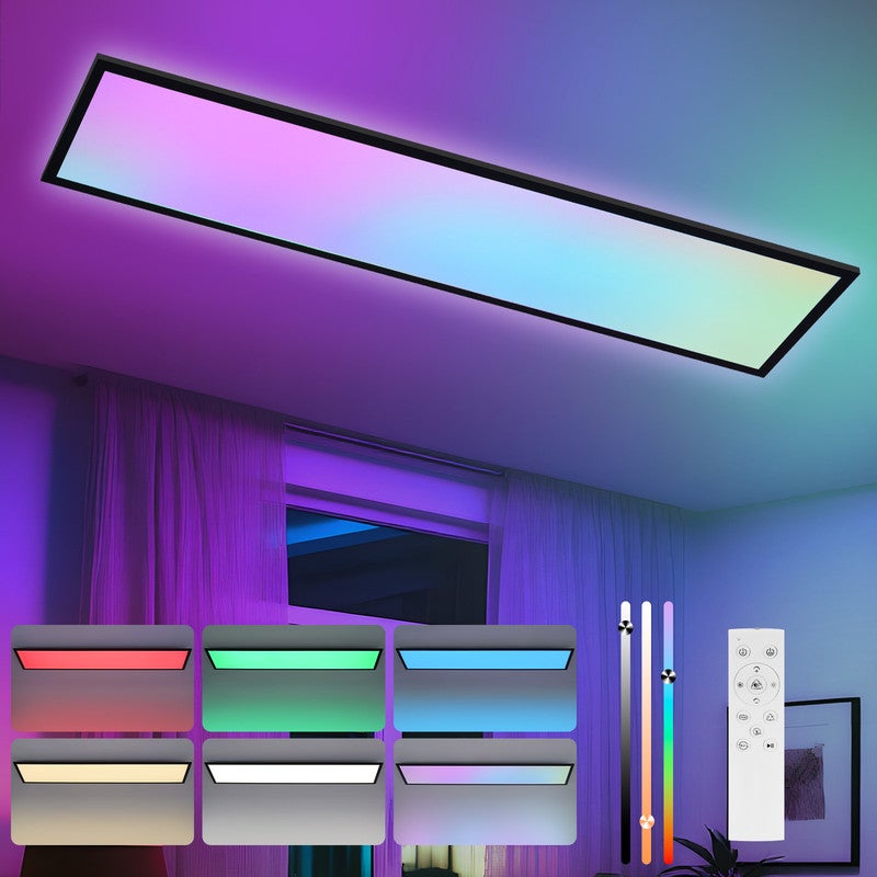 Panel LED NETTLIFE 120 x 30 cm, ściemnialny, długi, zmieniający kolor panel sufitowy RGB z pilotem, 39 W, czarny
