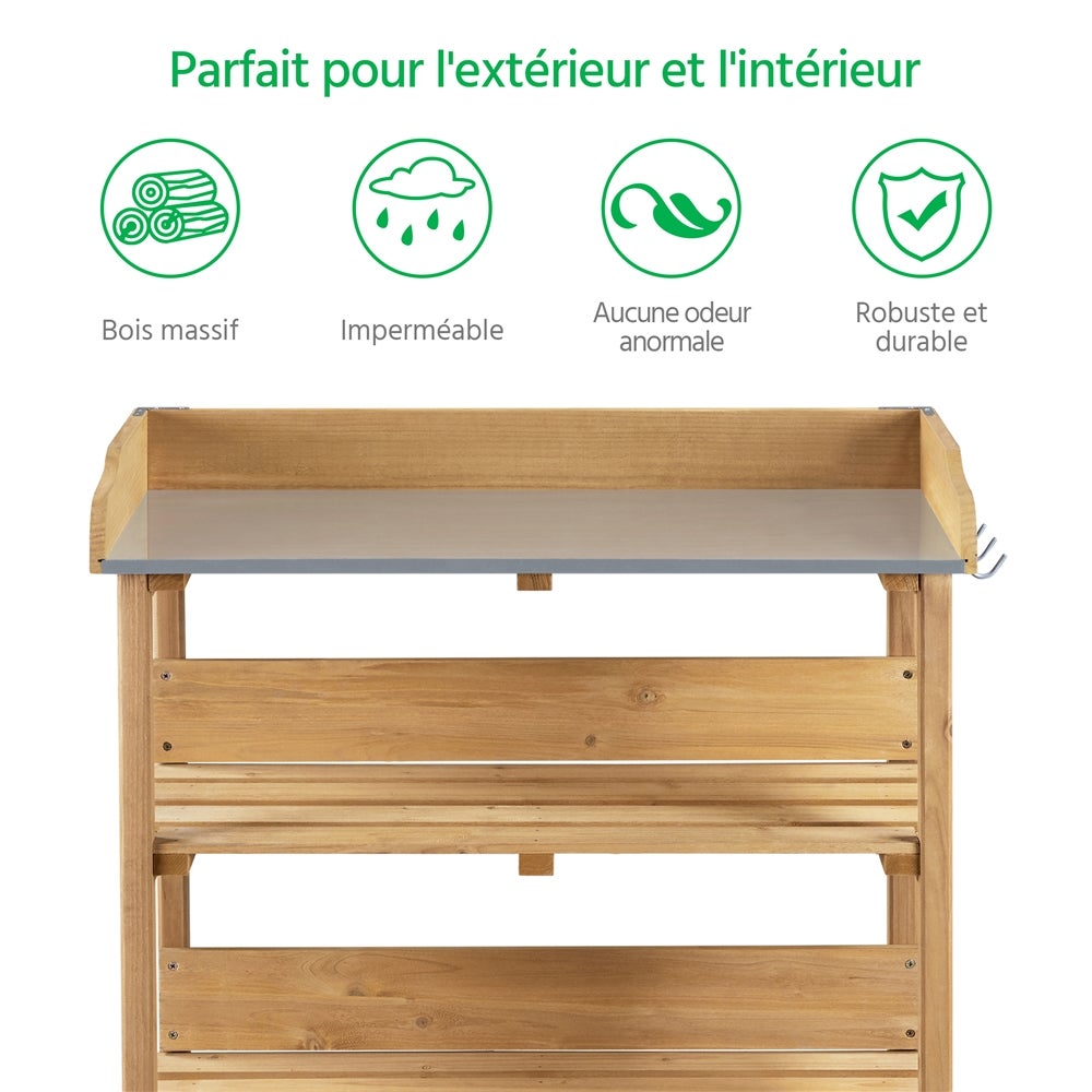 Table de Rempotage Extérieure en Bois avec Étagère de Rangement et 3 Crochets Latérales, Couleur Bois Yaheetech - 5