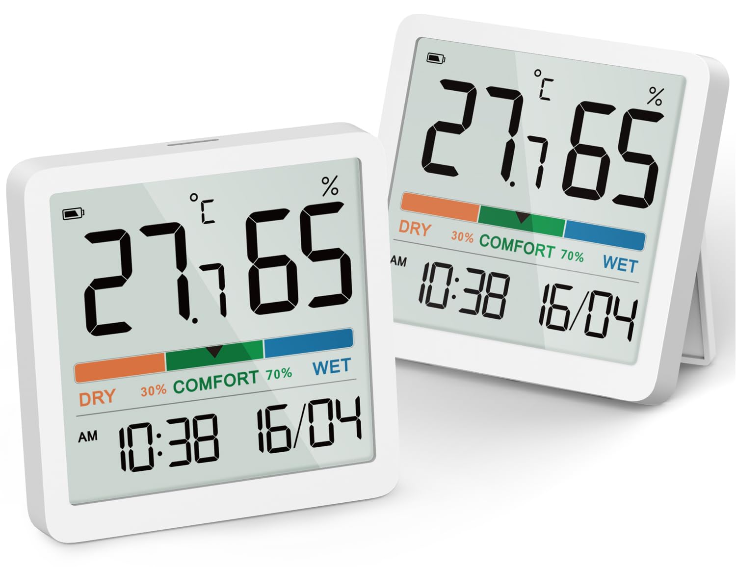 Termometru-higrometru digital de birou pentru interior, măsoară temperatura și umiditatea, afișaj compact precis de 7 cm, alb.