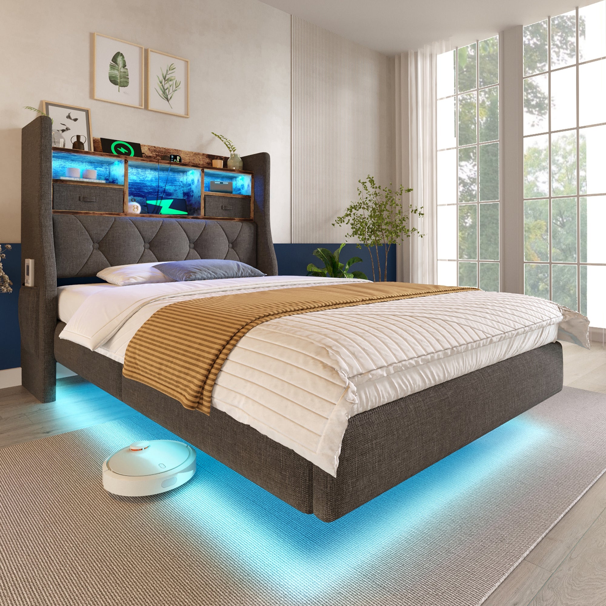 Letto Singolo Imbottito 90x200 Cm Con Ricarica USB-C E Cassetti - Grigio, Con Rete A Doghe In Metallo