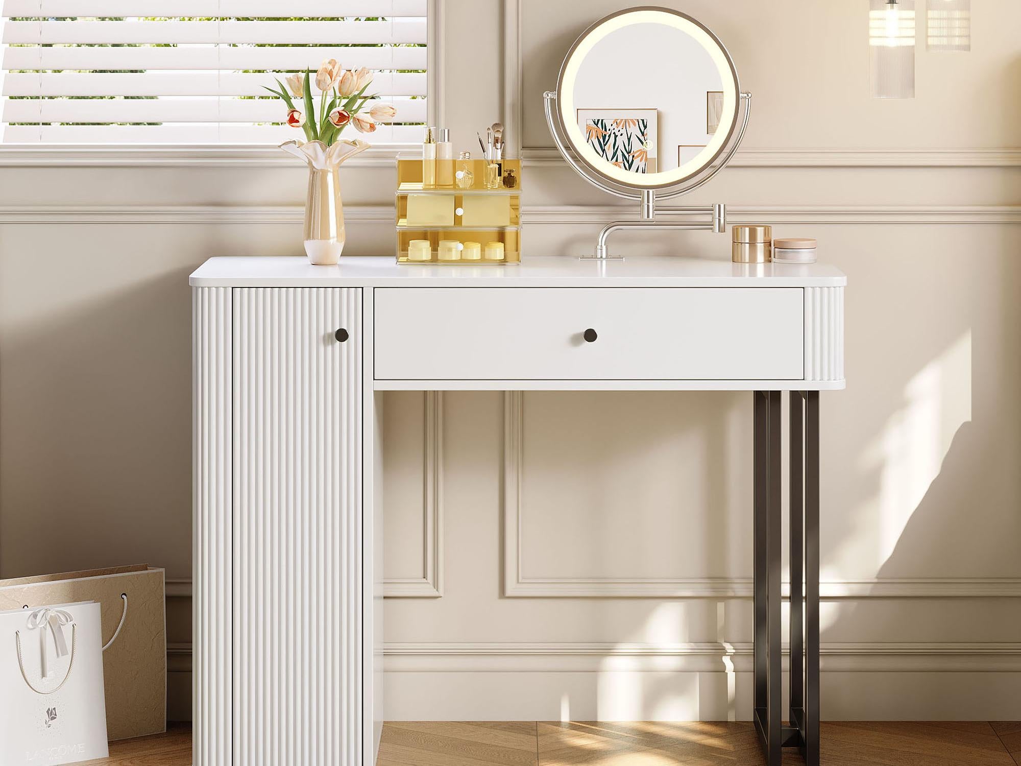 Toaletka z lustrem 100x40x116cm - z oświetleniem LED 3-kolorowym - z 1 szufladą i 1 drzwiami - biała