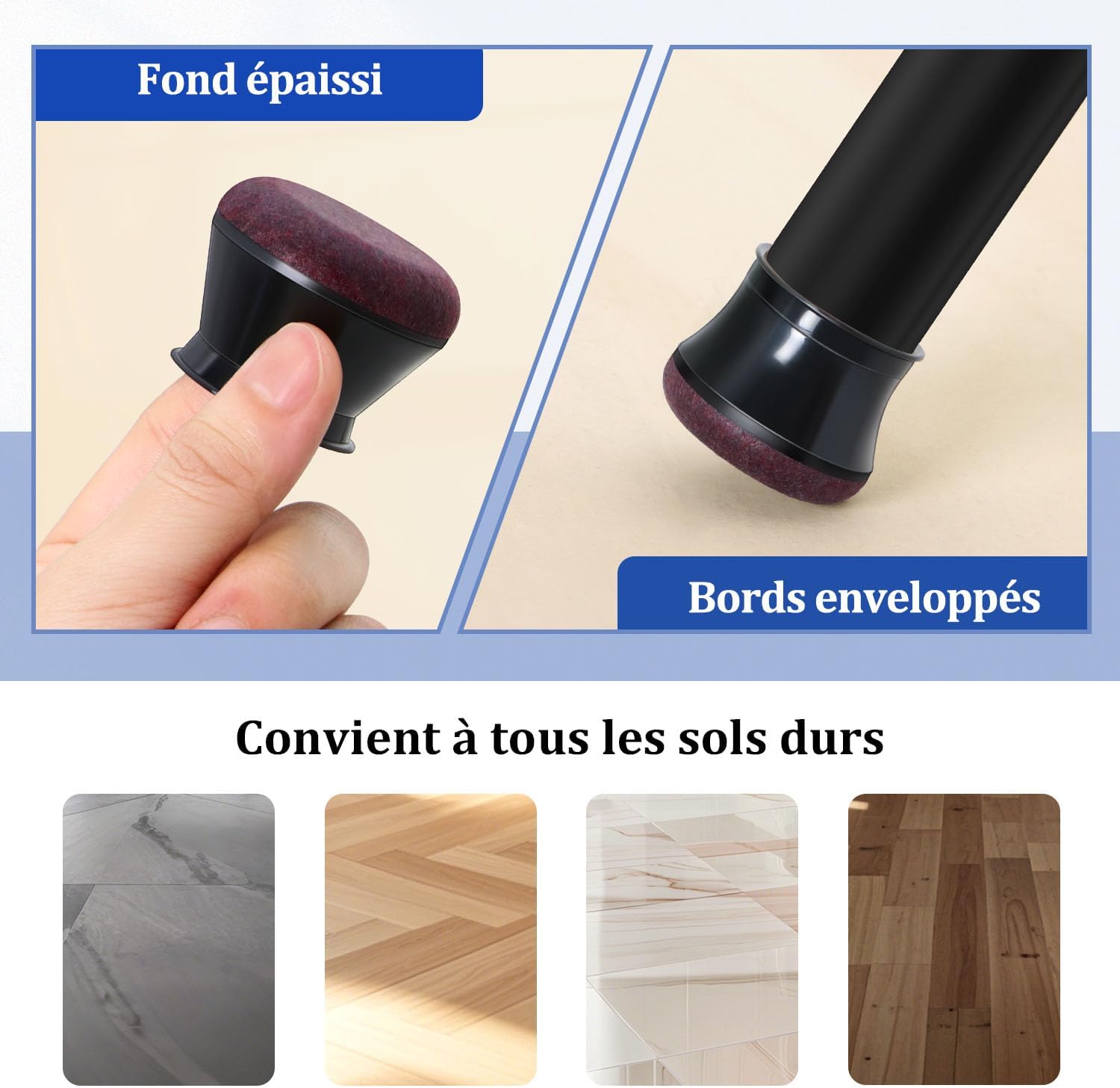 Lot 16 protège-pieds chaise silicone et feutre noir épais, réduisent rayures sols, antidérapants, confort et protection - 4