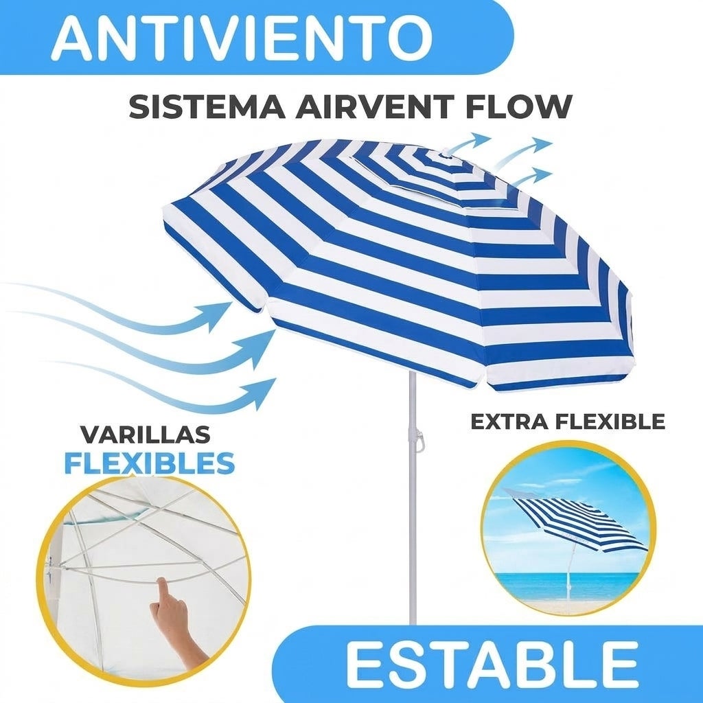 Sombrilla Playa Plegable 180cm Anti Viento con Soporte Arena Protección Solar de Raya Azul - 3