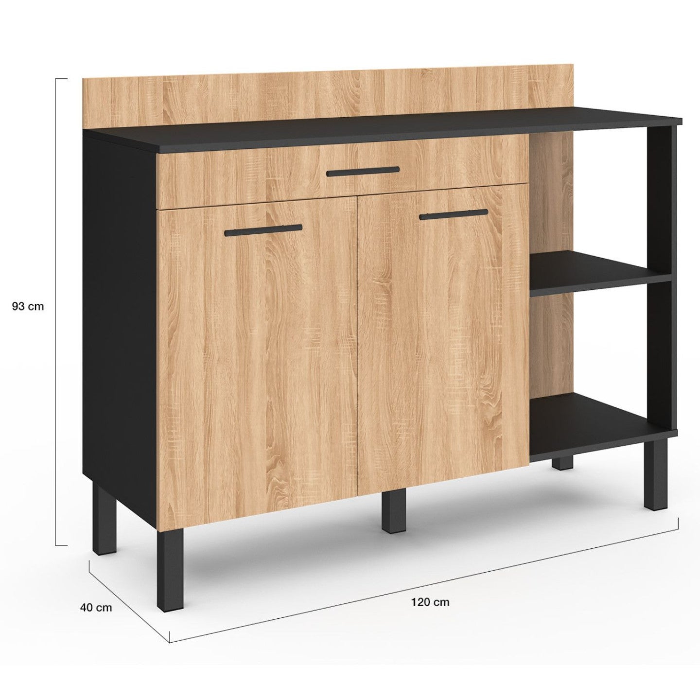 Buffet bas de cuisine 120 cm CINA plan de travail H.83 cm 2 portes + tiroir noir et façon hêtre - 5