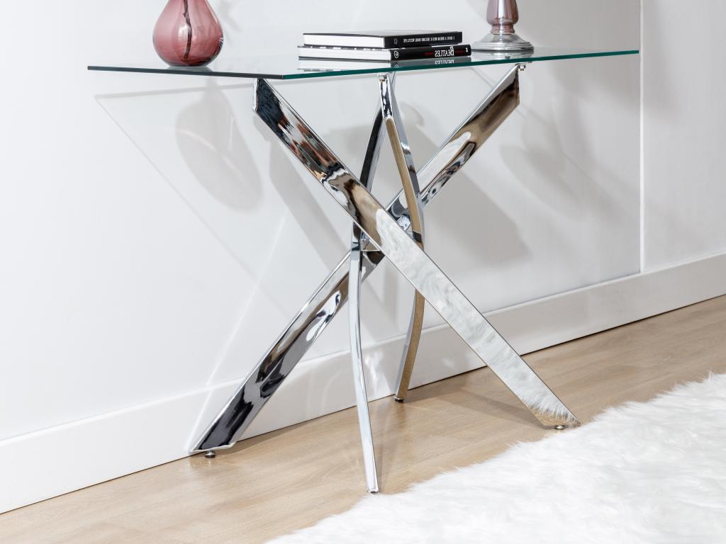Comodence Concepts Tavolo Consolle Tudor In Vetro Temperato E Cromo – 2 Ripiani, Lunghezza 115 Cm, Design Contemporaneo
