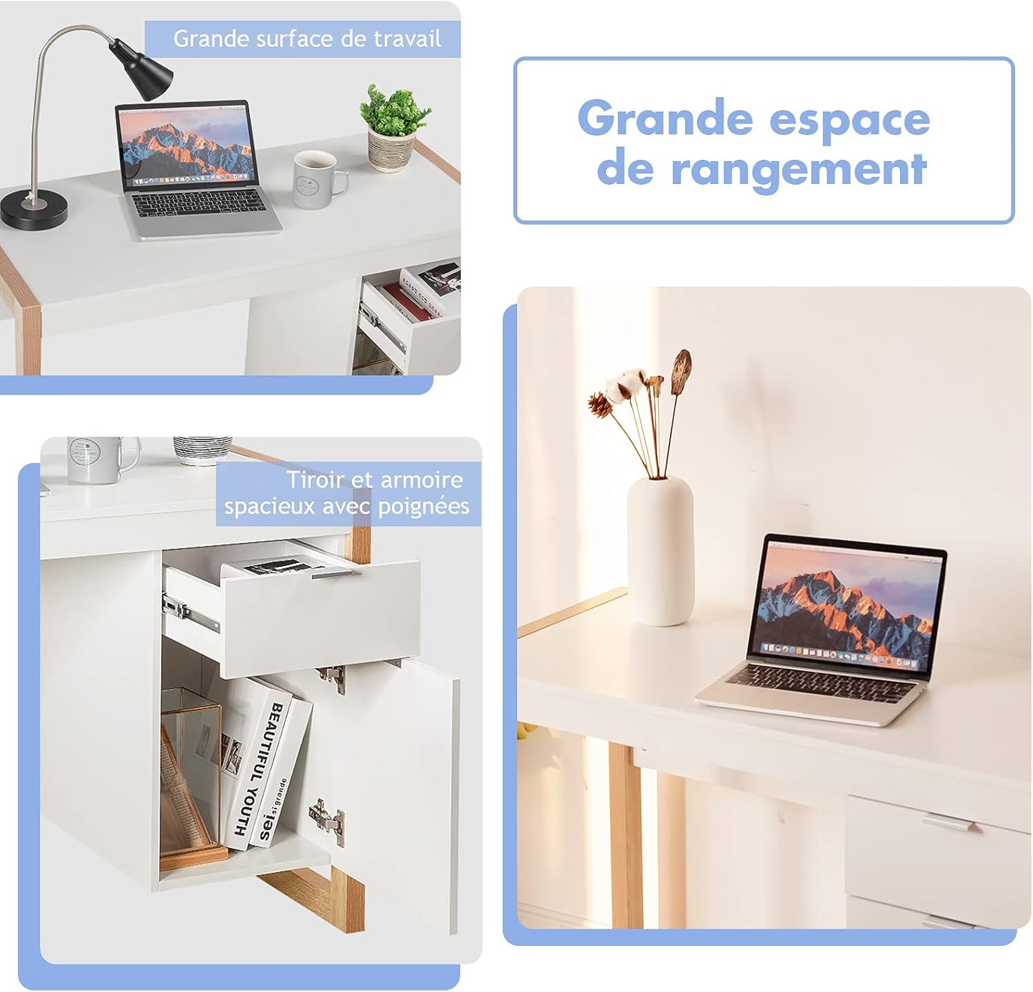 Bureau avec Rangement 2 Tirors, 112,5 x 50 x 75 cm, Petit Bureau Blanc Moderne pour Enfant , Gain de Place, pour Chambre, Petit Espace, Charge 95kg - 3