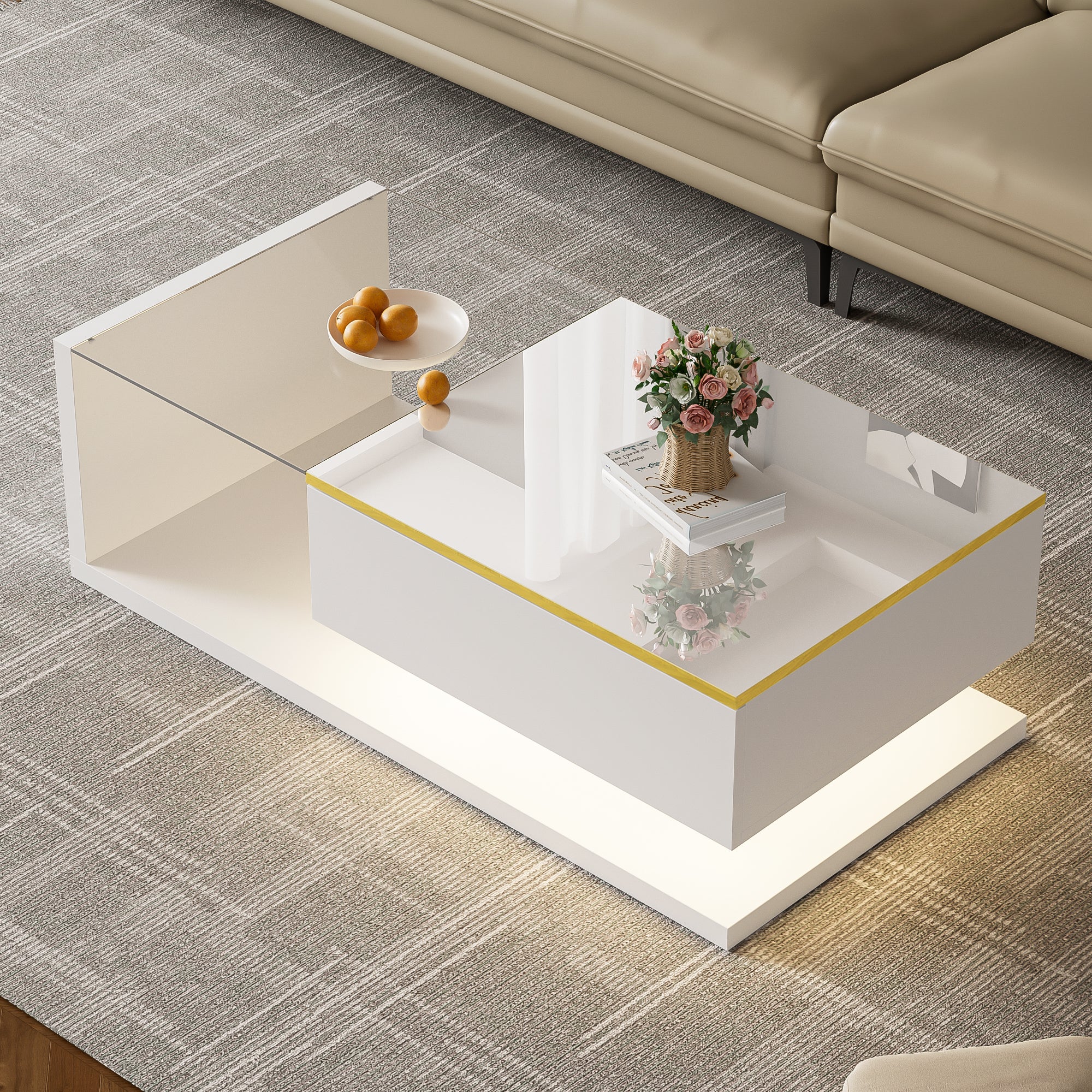 Stolik kawowy z 1 drzwiami i 1 przegrodą - 100 x 50 x 32 cm - Diody LED - Płyta wiórowa i szkło - Biały połysk