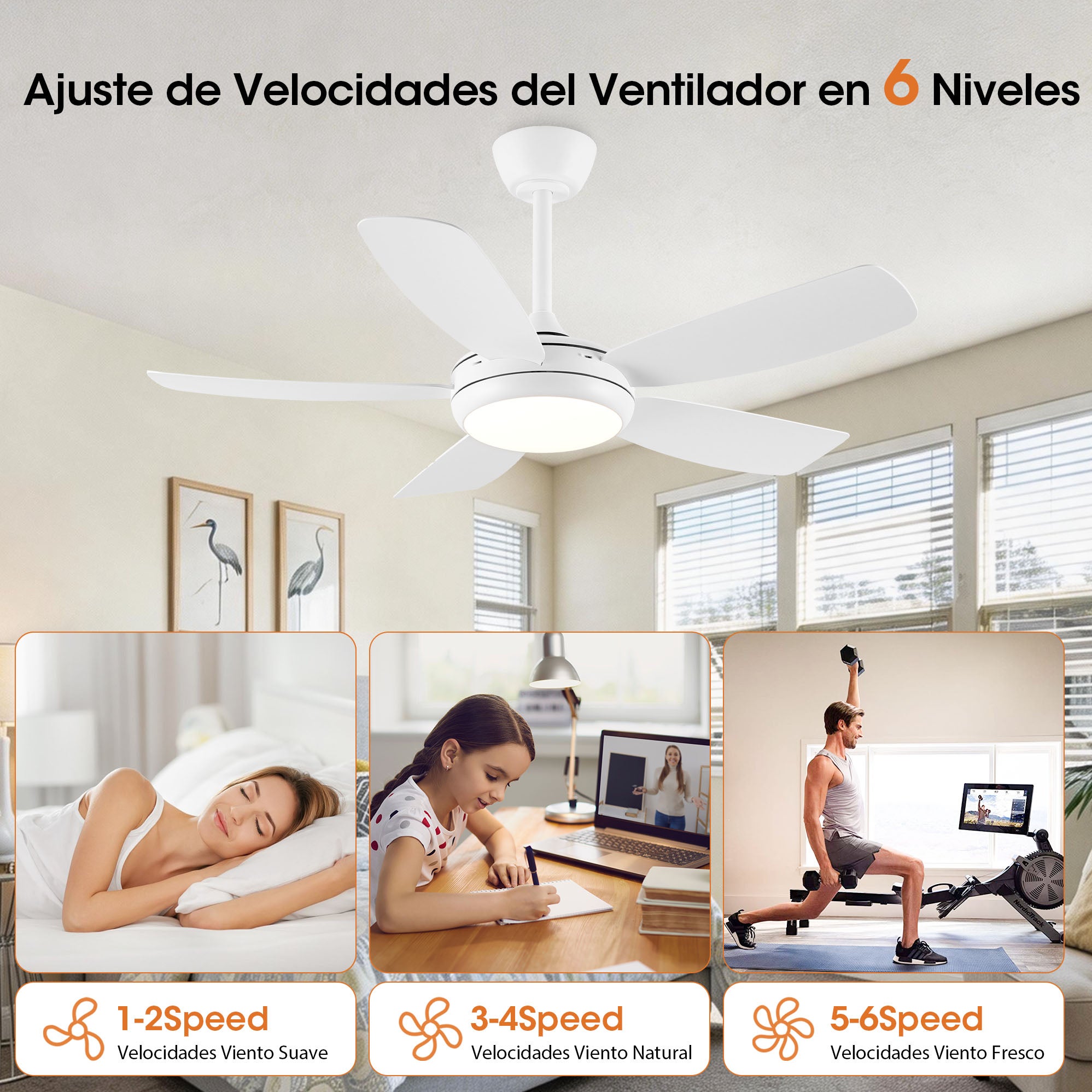 Parrot Uncle Ventilador de Techo con Luz LED 107 cm, Motor DC Silencioso Reversible, 6 Velocidades, Controlador, 3 Tonos de Luz, Diseño Blanco Mate - 9
