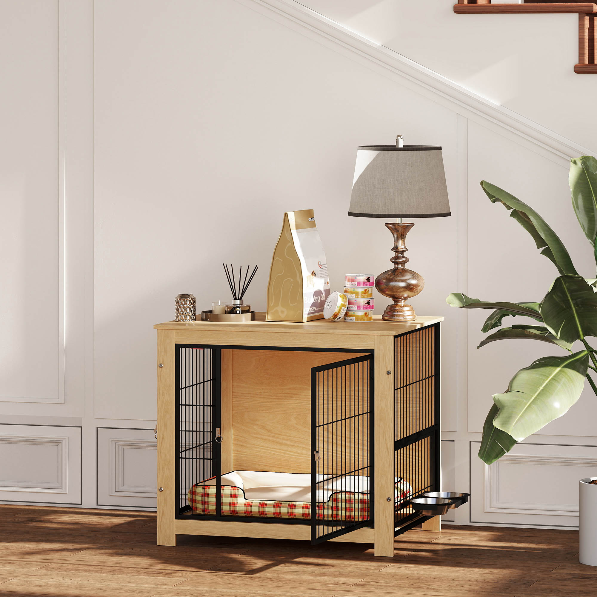 Jaula para Perros PawHut Melamina de Madera, Acero Roble 80x60x68