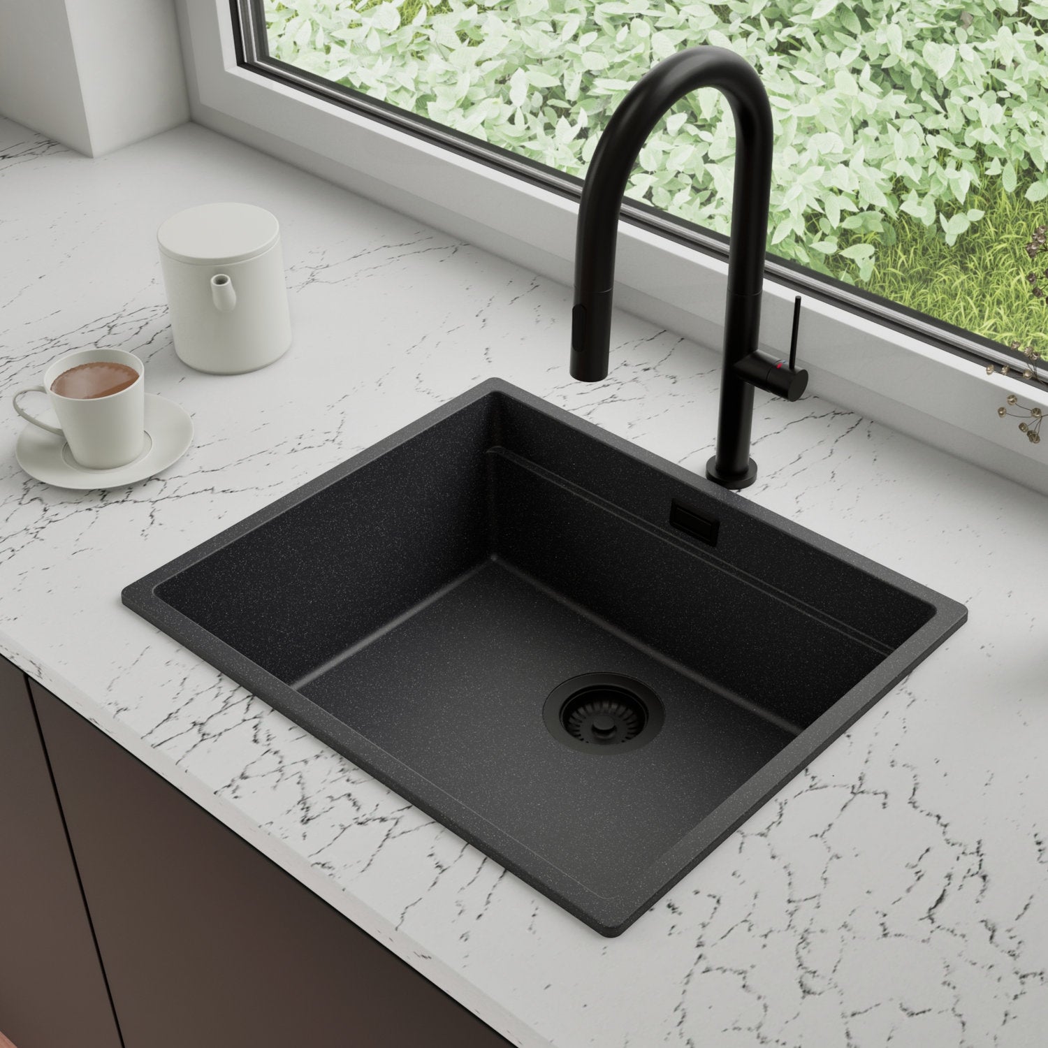 Zlewozmywak Granitowy 56x47cm, do szafki od 60cm + Bateria + Syfon - Coral Grafitowy STONESTYLE