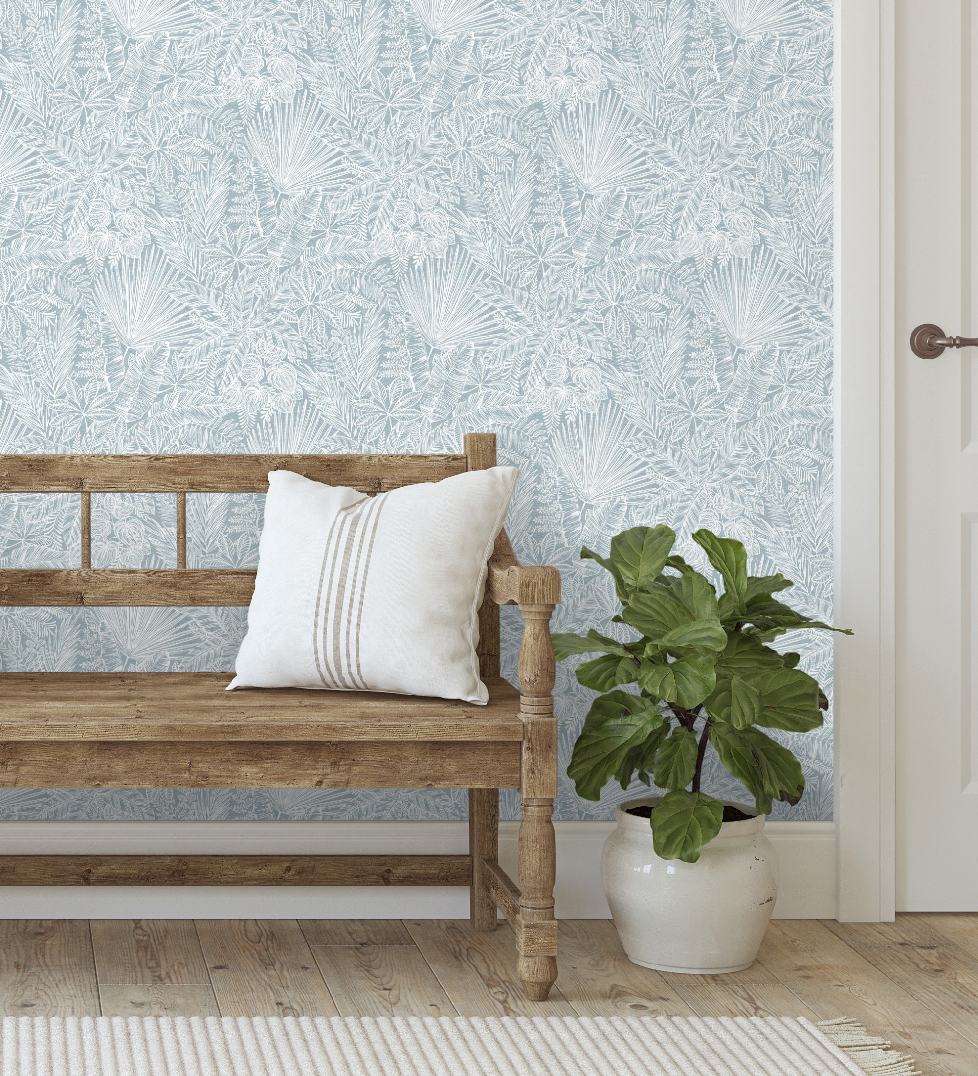 Papel pintado vinílico ecológico de selva tropical con hojas fondo azul - jacaranda 682473 de gaulan - rollo de 10 m x 0,52 m