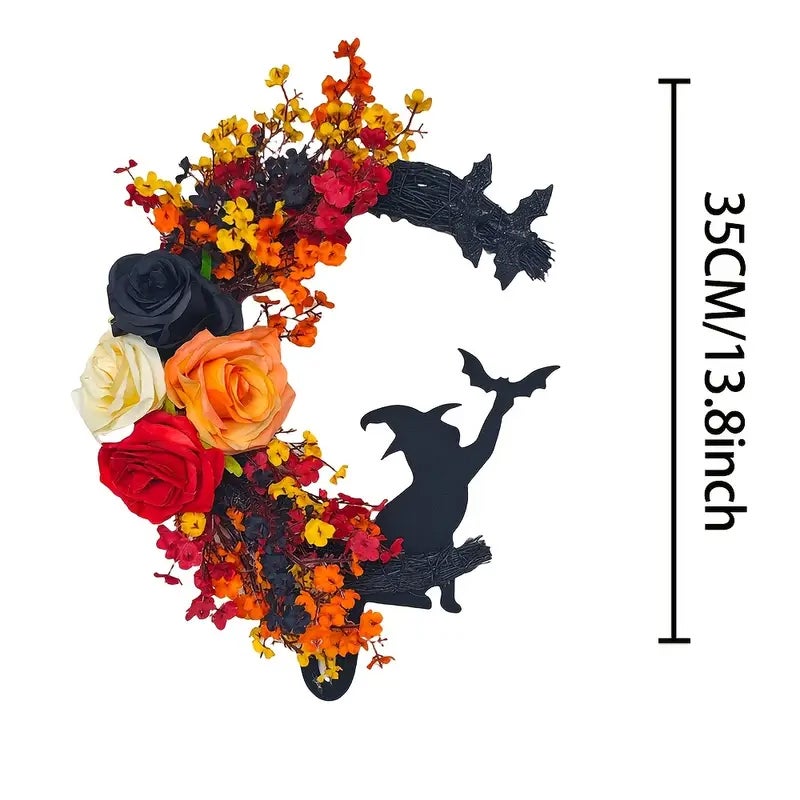 Décoration Fête Halloween Couronne De Porte Halloween Lumineuse LED - Chat Sorcière Avec Roses Et Lune - Décoration Fête