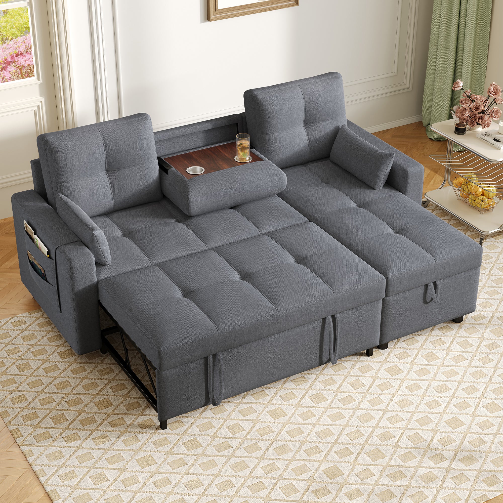 Divano letto angolare a posti in lino 205 x 139 x 87 cm con