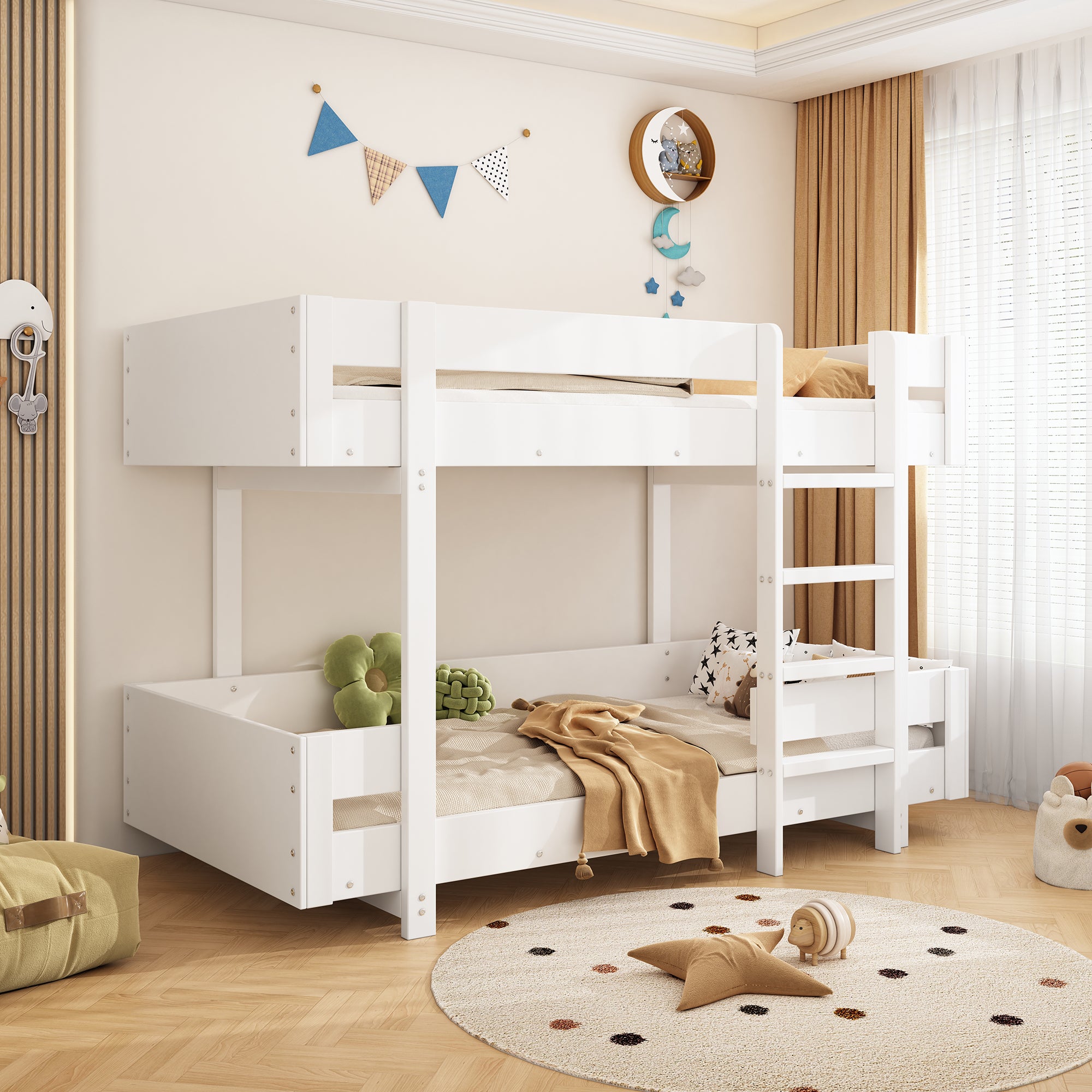 Łóżka piętrowe 2 x 90 x 200 cm z barierką i drabinką - Drewno lite + MDF - Dla dzieci - Białe (bez materaca)