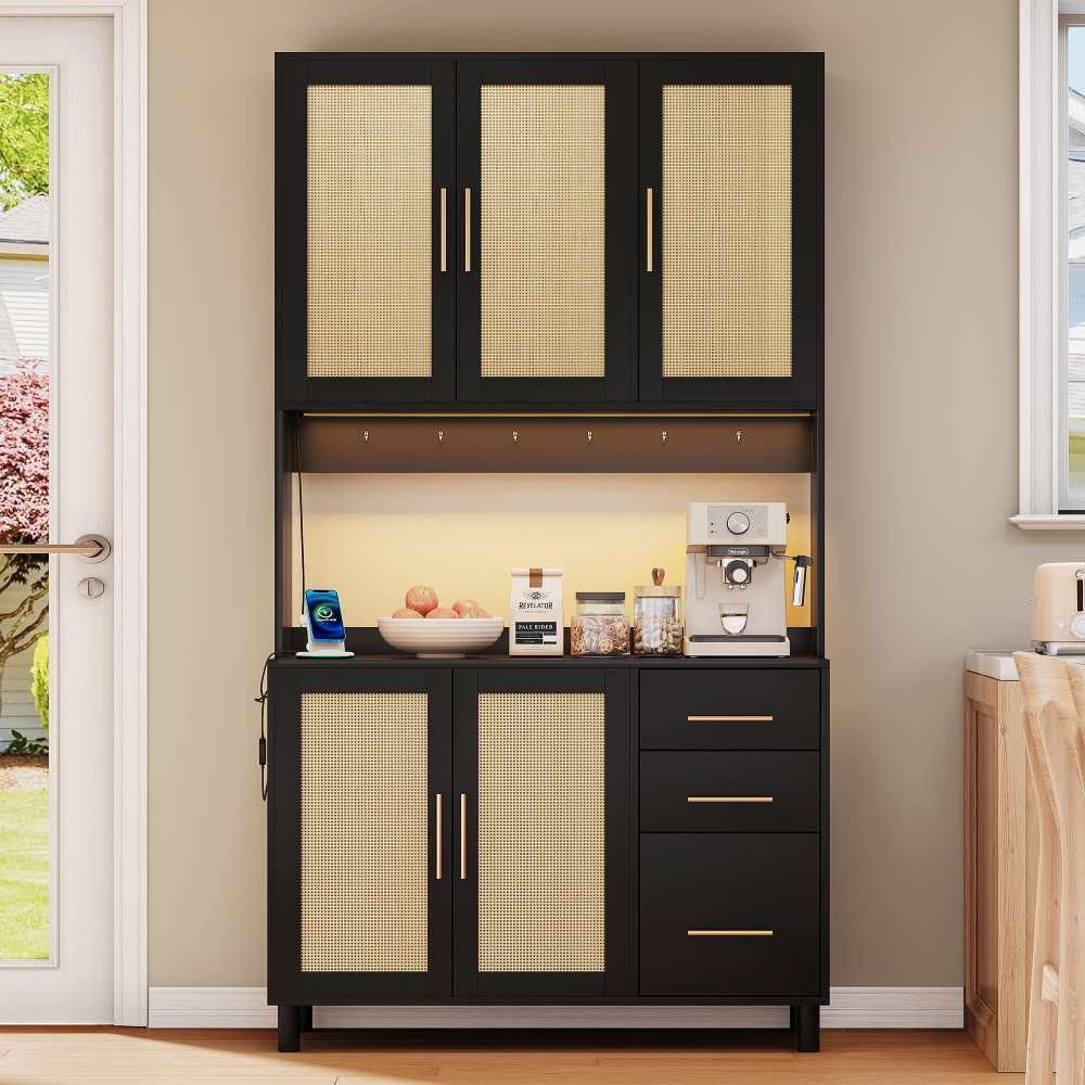 Kredens Küchenanrichte 183 cm z aplikacją LED, 3 Schubladen, USB i Steckdosen, Verstellbare Einlegeböden, Goldene Metallgriffe