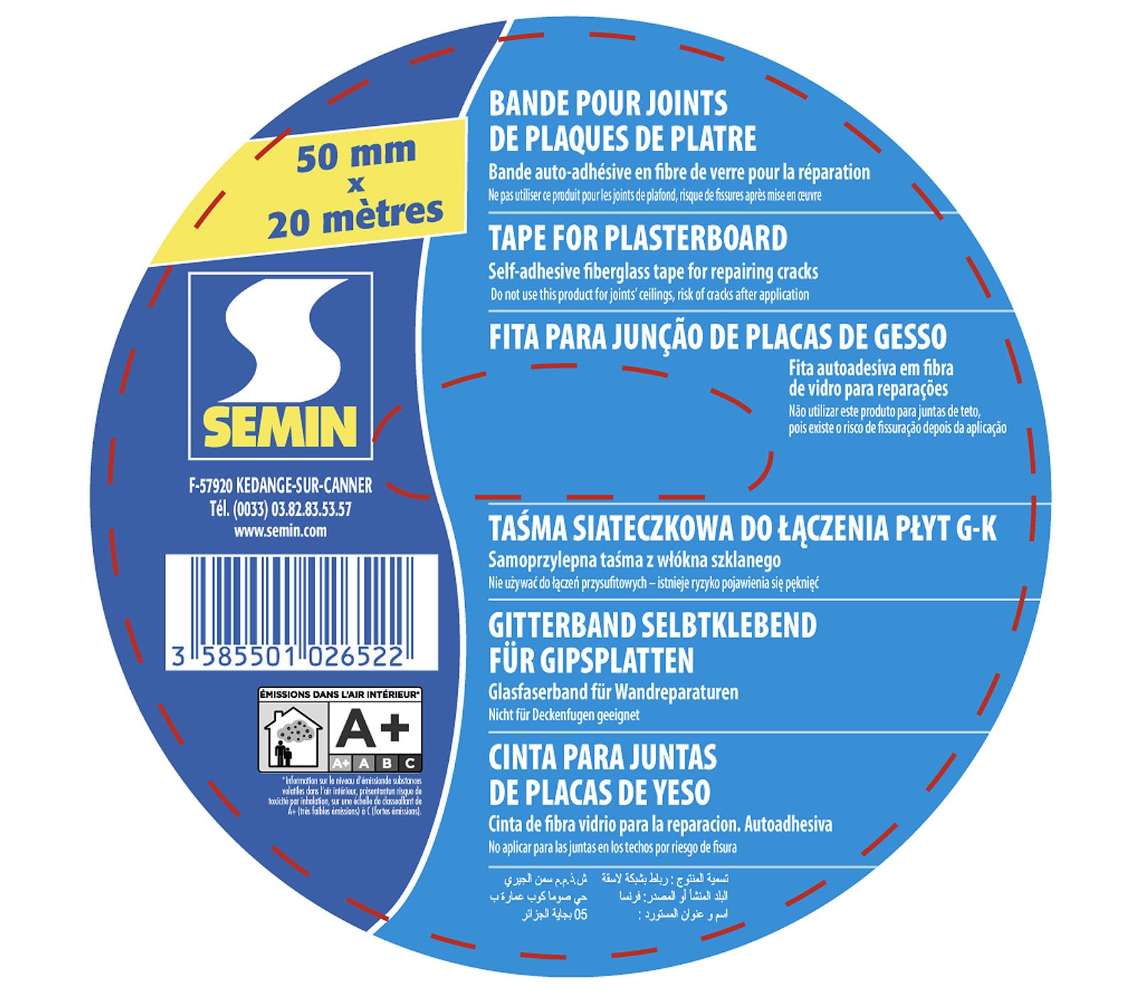 Bande grillagée adhésive Semin pour réaliser les joints des plaques de plâtre en association avec un enduit - 20 m - 5