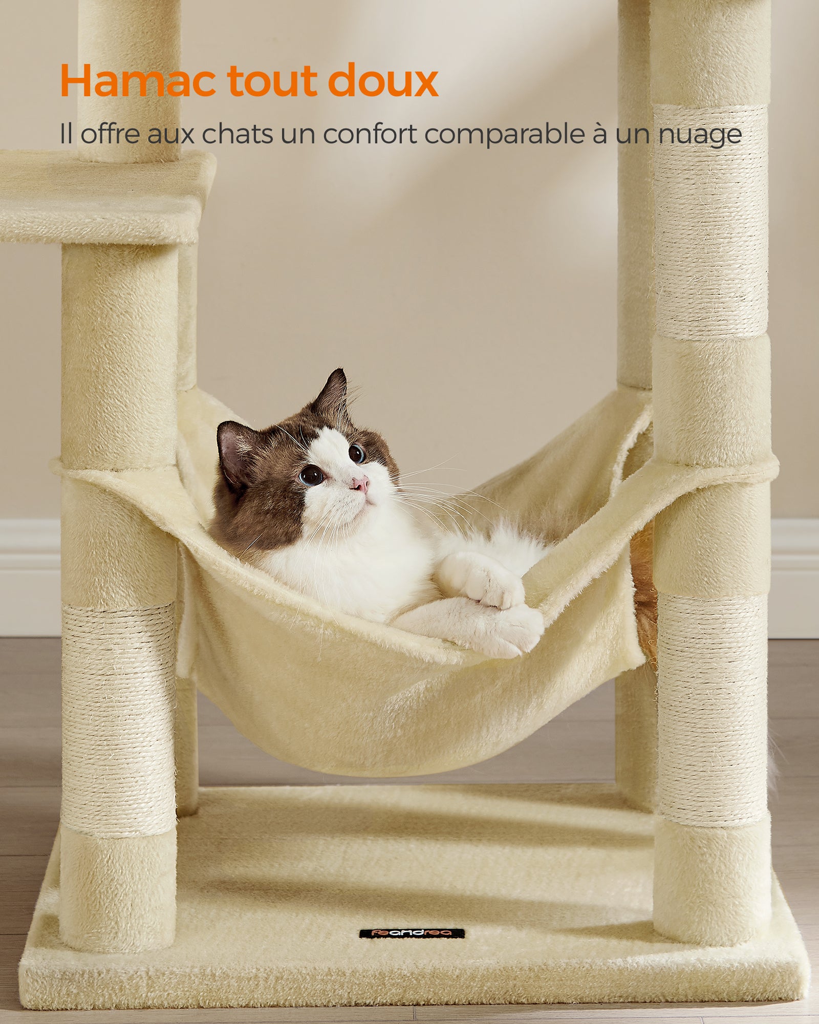 Arbre à Chat Hauteur 143 cm, avec 4 Poteaux à Griffer, 2 Plateformes, 1 Niche, 1 Hamac, 2 Pompons, en Tissu Peluche, Multi-niveaux, Beige - 4