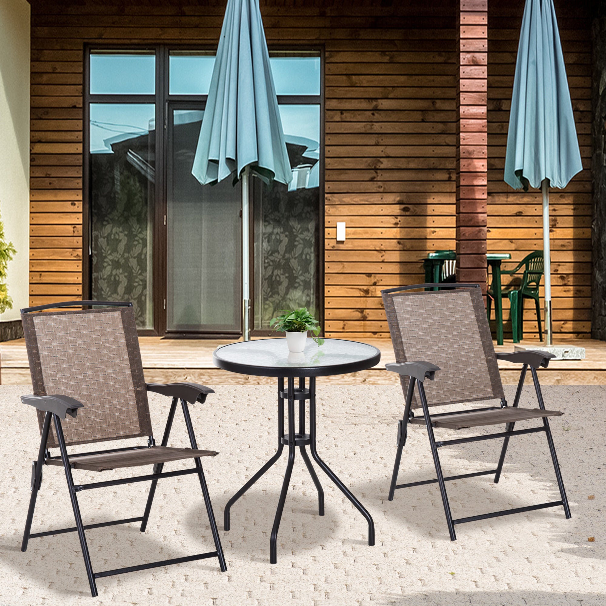 Ensemble Jardin 3 pièces : 2 chaises inclinables multi-positions pliables + table ronde verre trempé, métal/textilène, chocolat. - 3