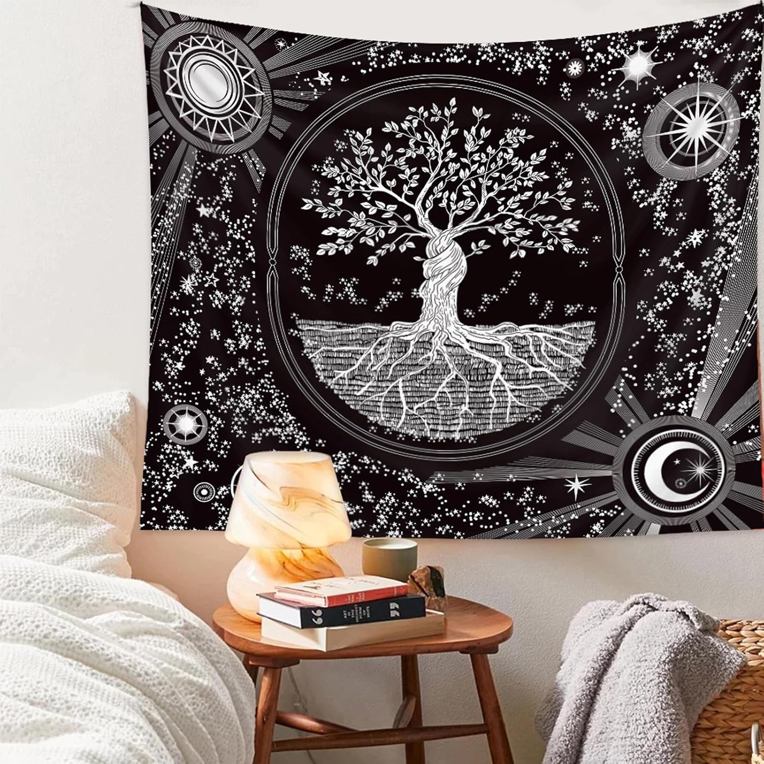 Gobelin psychodeliczny, boho słońce i księżyc, dekoracja ścienna do sypialni, 150 x 130 cm (czarny)