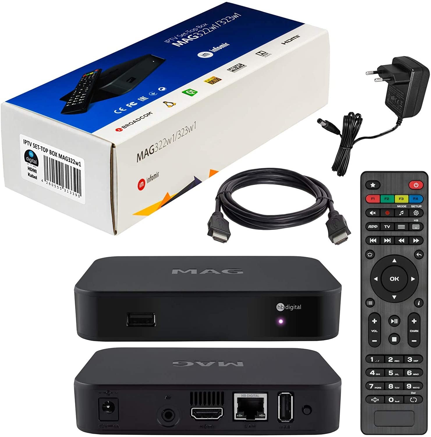Décodeur IPTV Multimédia MAG 322w1 - Set Top Box TV, H.265, WLAN WiFi intégré 150Mbps, Lecteur multimédia Internet TV + câble HDMI - 4