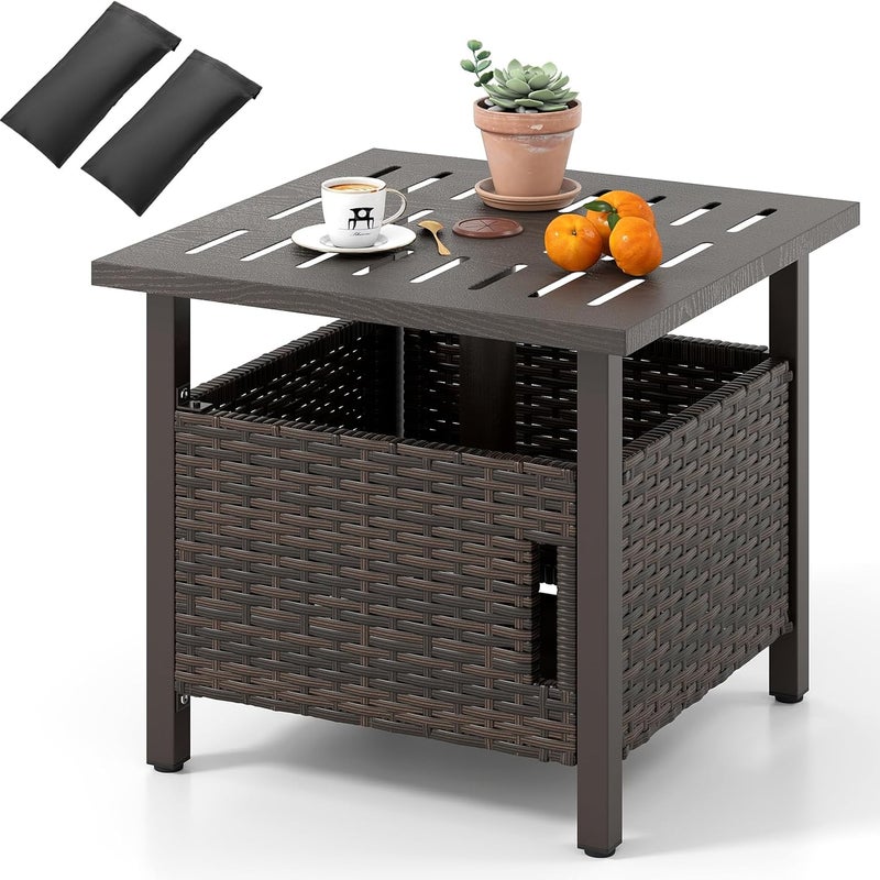 Stolik Ogrodowy z Otworem na Parasol 5 cm, 2 Worki z Piaskiem do Stabilizacji, Konstrukcja ze Stali Nierdzewnej i Plecionej Żywicy