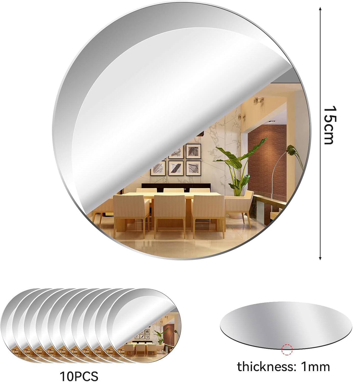 Lot De 4 Miroirs Ronds Autocollants Acrylique - Diamètre 15,2 Cm - Argenté - Décoration Murale Salle De Bain, Chambre - 7