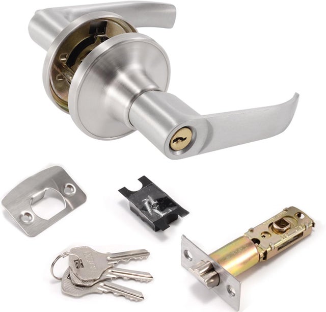 Cerradura de puerta de seguridad plateada con pestillo ajustable y manija de privacidad, cerradura de entrada/salida de habitación