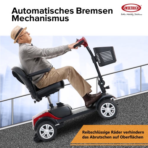 Scooter elettrico da esterni 300W rosso a 4 ruote – autonomia 15–25 km, sedile girevole 360°, batteria rimovibile