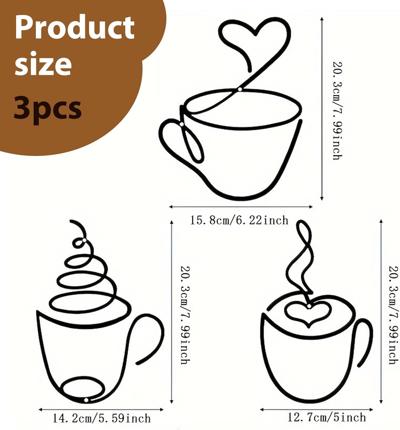 3 Pièces Décoration Murale Métal, Noir Tasse à Café Tableau Decoration Murale, Minimalist Ligne Art Mural Déco - 2