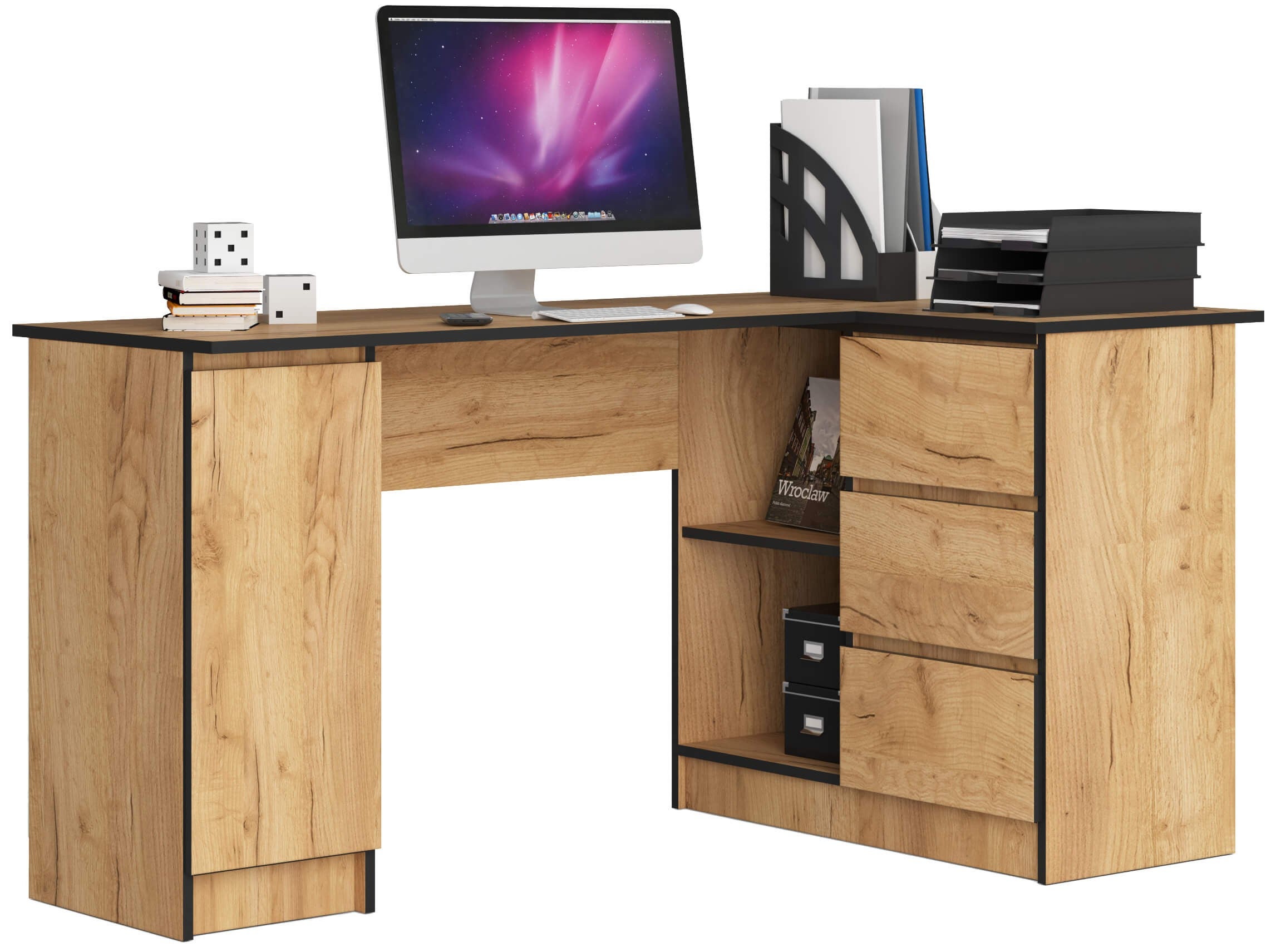 Biurko narożne AKORD B20 Dąb Craft 155 cm prawe 1 drzwi 3 szuflady kolor Dąb Craft mat 4 półki 155x85x77 cm