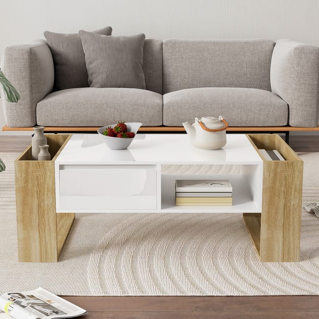 Mesa De Centro Blanca Moderna Con Forma Irregular - 2 Cajones, Almacenaje, Diseño Seguro Para Niños, 70x100 Cm