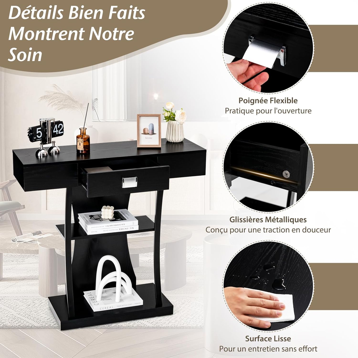 Tavolo Consolle in Legno, Tavolo Ingresso con Cassetti, Ripiani e 2 Kit Anti-ribaltamento, Tavolo Multiuso e Salvaspazio per Salotto, Camera d - 5