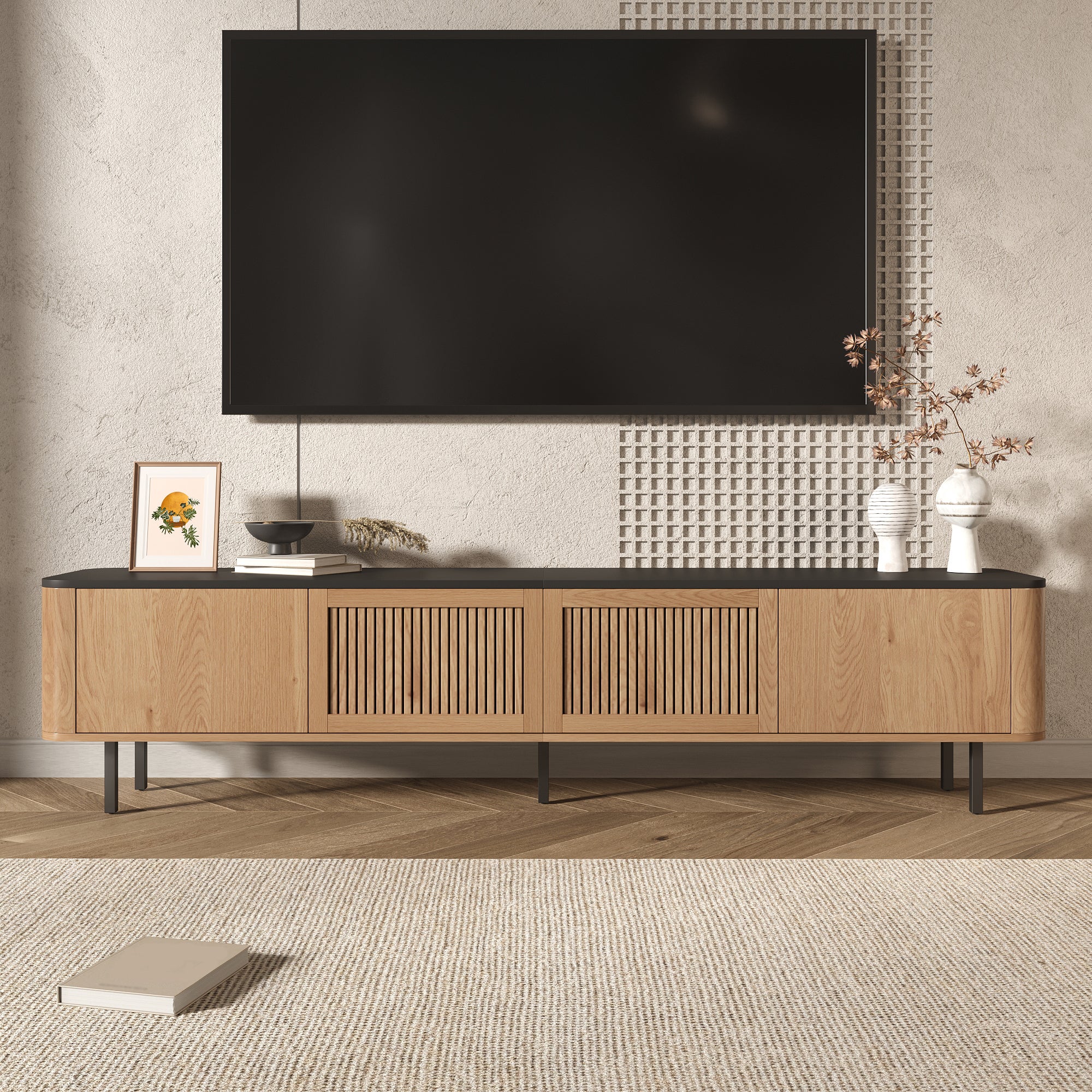 Nowoczesna szafka RTV z 4 drzwiami - 190 x 35 x 45 cm - Płyta MDF i płyta wiórowa - Nogi metalowe - Dąb