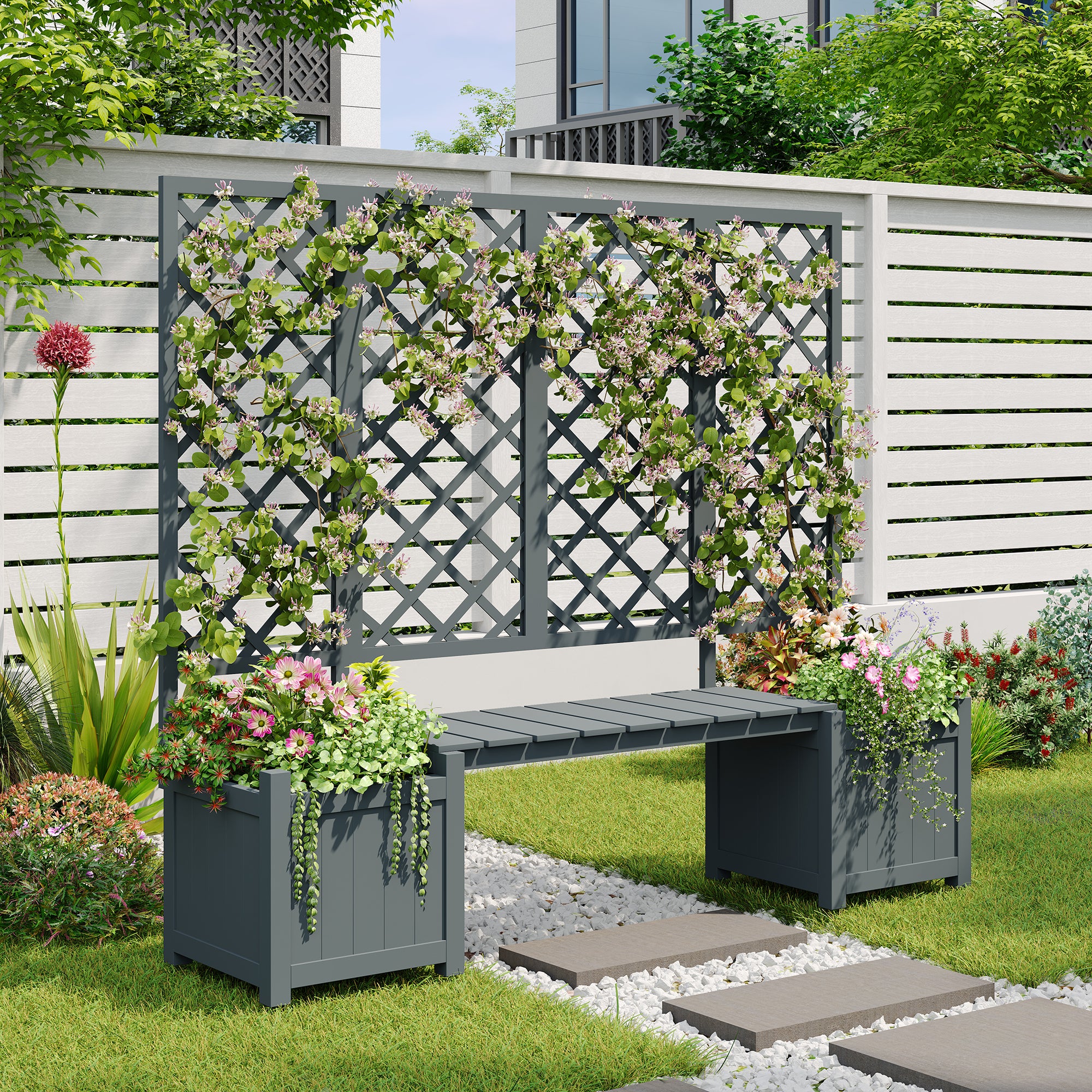 Lot de 2 Jardinière sur pièds avec Treillis en bois massif + 1 banc- 169 x 42 x 145 cm - Gris - 8