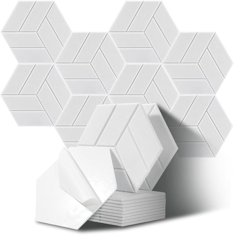 Sześciokątne panele akustyczne do studiów, biur i sal gier, opakowanie 12 szt., kolor biały (30 x 26 x 0,9 cm)