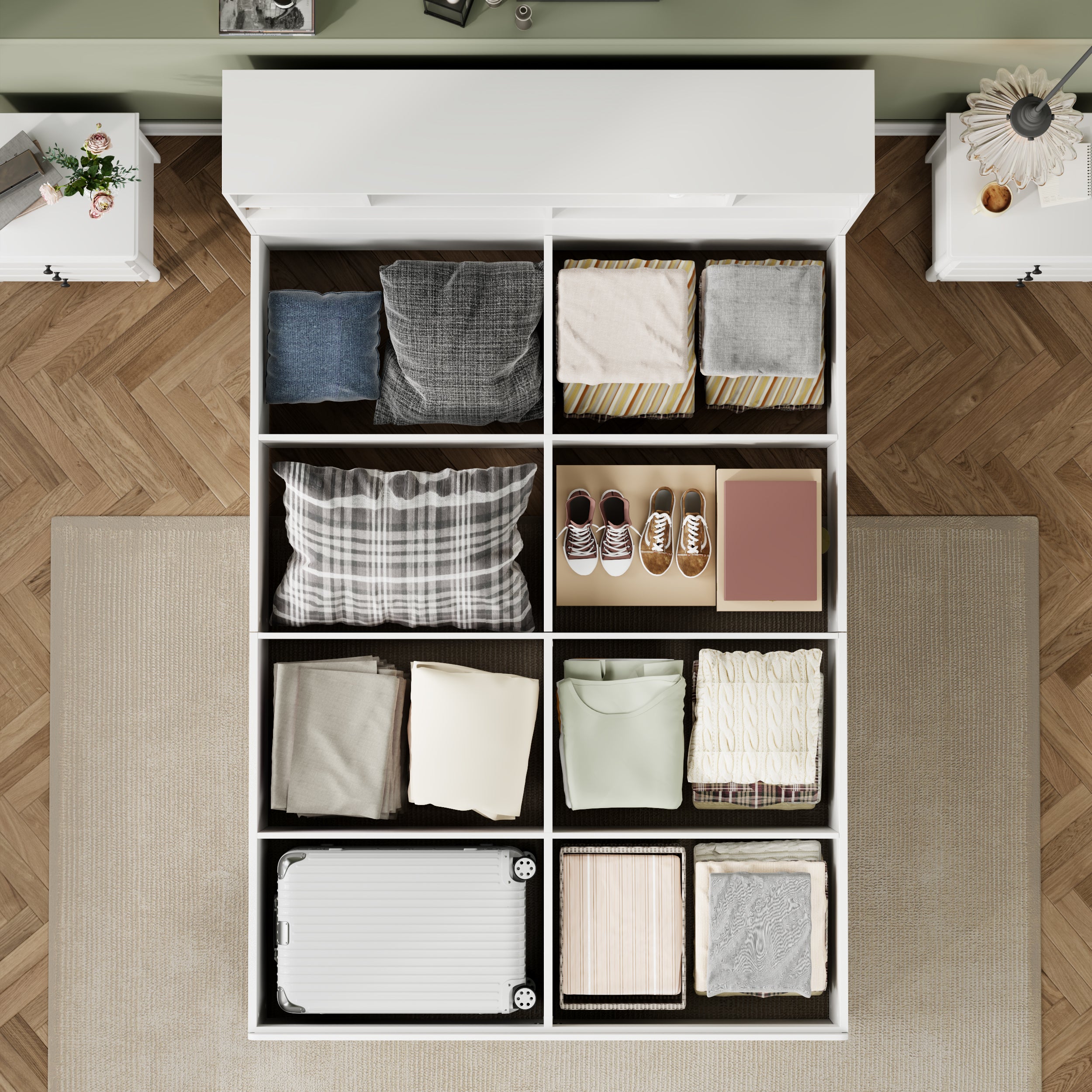 Lit coffre 140 x 200 avec tête de lit et compartiments de rangement- Charge USB - Bois MDF - Blanc (sans matelas) - 3