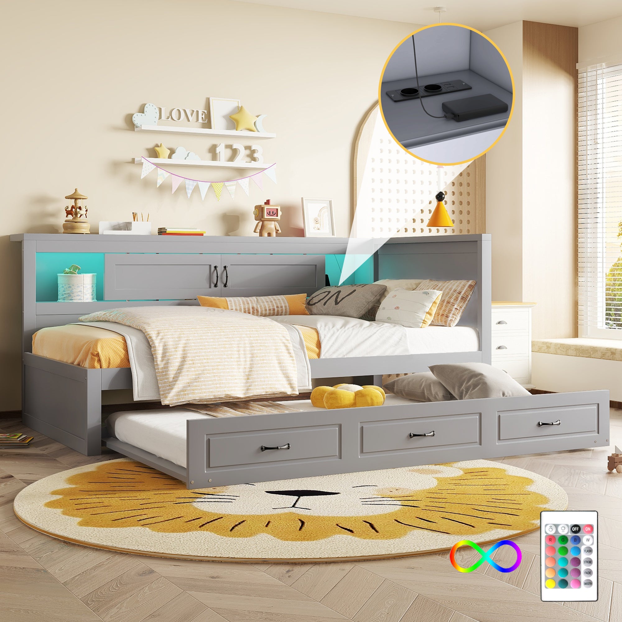 Łóżko wysuwane 90 x 200 cm + 90 x 190 cm z 2 drzwiami przesuwnymi i portami USB - LED - Płyta wiórowa + MDF - Szare (bez materaca)